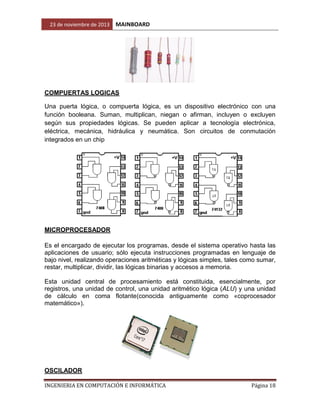 23 de noviembre de 2013

MAINBOARD

COMPUERTAS LOGICAS
Una puerta lógica, o compuerta lógica, es un dispositivo electrónico con una
función booleana. Suman, multiplican, niegan o afirman, incluyen o excluyen
según sus propiedades lógicas. Se pueden aplicar a tecnología electrónica,
eléctrica, mecánica, hidráulica y neumática. Son circuitos de conmutación
integrados en un chip

MICROPROCESADOR
Es el encargado de ejecutar los programas, desde el sistema operativo hasta las
aplicaciones de usuario; sólo ejecuta instrucciones programadas en lenguaje de
bajo nivel, realizando operaciones aritméticas y lógicas simples, tales como sumar,
restar, multiplicar, dividir, las lógicas binarias y accesos a memoria.
Esta unidad central de procesamiento está constituida, esencialmente, por
registros, una unidad de control, una unidad aritmético lógica (ALU) y una unidad
de cálculo en coma flotante(conocida antiguamente como «coprocesador
matemático»).

OSCILADOR
INGENIERIA EN COMPUTACIÓN E INFORMÁTICA

Página 18

 
