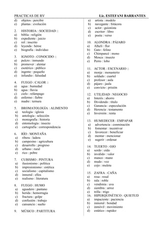PRACTICAS DE RV Lic. ESTEFANI BARRANTES
d) objetos : percibir
e) plantas : evolución
2. HISTORIA : SOCIEDAD ::
a) biblia : religión
b) expediente : juicio
c) rol : inscrito
d) leyenda : héroe
e) biografía : individuo
3. IGNOTO : CONOCIDO ::
a) pulcro : inmundo
b) promover : alentar
c) esotérico : público
d) ingente : pequeño
e) infundio : falsedad
4. FUEGO : CALOR ::
a) agua : humedad
b) agua : lluvia
c) cielo : relámpago
d) enfermo : fiebre
e) madre : ternura
5. BROMATOLOGÍA : ALIMENTO
a) teología : iglesia
b) antología : selección
c) monografía : historia
d) entomología : insecto
e) cartografía : correspondencia
6. RÍO : MONTAÑA
a) ribera : ladera
b) campesino : agricultura
c) desarrollo : progreso
d) urbano : rural
e) rico : pobre
7. CUBISMO : PINTURA
a) ilusionismo : política
b) impresionismo : estética
c) socialismo : capitalismo
d) inmoral : ellos
e) realismo : literatura
8. FUEGO : HUMO
a) aguadero : pantano
b) herida : hemorragia
c) fractura : golpe
d) confusión : trabajo
e) cansancio : sueño
9. MÚSICO : PARTITURA
a) artista : modelo
b) navegante : bitácora
c) actor : guionista
d) escritor : libro
e) poeta : verso
10. ALONDRA : PÁJARO
a) Alhelí : flor
b) Gato : felino
c) Chimpancé : mono
d) Mosca : insecto
e) Perro : lobo
11. ACTOR : ESCENARIO ::
a) monje : monasterio
b) soldado : cuartel
c) profesor : aula
d) pájaro : jaula
e) convicto : prisión
12. UTILIDAD : NEGOCIO
a) Interés : ahorro
b) Dividendo : título
c) Ganancia : especulación
d) Herencia : testamento
e) Inversión : renta
13. HUMEDECER : EMPAPAR
a) advertencia : conminación
b) fomentar : incentivar
c) favorecer : beneficiar
d) mentar : mencionar
e) sugerir : ordenar
14. TUERTO : OJO
a) sordo : oído
b) inválido : valor
c) manco : mano
d) mudo : voz
e) cojo : muleta
15. ZAFRA : CAÑA
a) rosa : rosal
b) rala : roble
c) vendimia : uva
d) siembra : arroz
e) trilla : trigo
16. HIPERQUINÉTICO : QUIETUD
a) impaciente : paciencia
b) inmoral : bondad
c) inmóvil : movimiento
d) estático : rapidez
 
