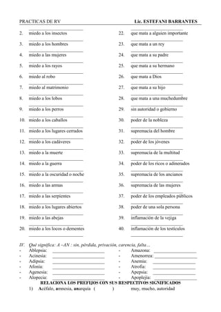 PRACTICAS DE RV Lic. ESTEFANI BARRANTES
_______________________ ______________________
2. miedo a los insectos 22. que mata a alguien importante
_______________________ ______________________
3. miedo a los hombres 23. que mata a un rey
_______________________ ______________________
4. miedo a las mujeres 24. que mata a su padre
_______________________ ______________________
5. miedo a los rayos 25. que mata a su hermano
_______________________ ______________________
6. miedo al robo 26. que mata a Dios
_______________________ ______________________
7. miedo al matrimonio 27. que mata a su hijo
_______________________ ______________________
8. miedo a los lobos 28. que mata a una muchedumbre
_______________________ ______________________
9. miedo a los perros 29. sin autoridad o gobierno
_______________________ ______________________
10. miedo a los caballos 30. poder de la nobleza
_______________________ ______________________
11. miedo a los lugares cerrados 31. supremacía del hombre
_______________________ ______________________
12. miedo a los cadáveres 32. poder de los jóvenes
_______________________ ______________________
13. miedo a la muerte 33. supremacía de la multitud
_______________________ ______________________
14. miedo a la guerra 34. poder de los ricos o adinerados
_______________________ ______________________
15. miedo a la oscuridad o noche 35. supremacía de los ancianos
_______________________ ______________________
16. miedo a las armas 36. supremacía de las mujeres
_______________________ ______________________
17. miedo a las serpientes 37. poder de los empleados públicos
_______________________ ______________________
18. miedo a los lugares abiertos 38. poder de una sola persona
_______________________ ______________________
19. miedo a las abejas 39. inflamación de la vejiga
_______________________ ______________________
20. miedo a los locos o dementes 40. inflamación de los testículos
_______________________ ______________________
IV. Qué significa: A –AN : sin, pérdida, privación, carencia, falta…
- Ablepsia: ______________________ - Amazona: __________________
- Acinesia: ______________________ - Amenorrea: __________________
- Adipsia: ______________________ - Anemia: __________________
- Afonía: ______________________ - Atrofia: __________________
- Agenesia: ______________________ - Apepsia: __________________
- Alopecia: ______________________ - Apoplejía: __________________
RELACIONA LOS PREFIJOS CON SUS RESPECTIVOS SIGNIFICADOS
1) Acéfalo, amnesia, anarquía ( ) muy, mucho, autoridad
 