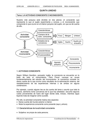 CEPRE‐UNI          ADMISIÓN 2011‐II          COMPENDIO DE PSICOLOGÍA      ÁREA: HUMANIDADES 
Oficina de impresiones                                                Coordinación de Humanidades  22 
QUINTA UNIDAD 
Tema: LA ACTIVIDAD CONSCIENTE E INCONSCIENTE. 
Nuestra  vida  psíquica  está  dividida  en  dos  planos:  el  consciente,  que 
representa  lo  que  el  sujeto  experimenta  y  conoce,  y  el  inconsciente,  que 
comprende lo que ocurre en el interior psíquico del sujeto, sin que se dé cuenta 
de ello. 
1. ACTIVIDAD CONSCIENTE 
Según  William  Hamilton,  pensador  inglés,  la  conciencia  se  encuentra  en  la 
base  de  todo  el  conocimiento.  Para  Freud  –aunque  se  ocupe 
fundamentalmente  del  estudio  del  inconsciente–  la  conciencia  consiste  en 
darse cuenta de lo que ocurre como resultado de la estimulación externa, del 
restablecimiento  de  las  experiencias  internas  o  de  ambas  en  alguna 
combinación. 
Por ejemplo, cuando alguien lee se da cuenta del tema o asunto que trata la 
lectura, asimismo toma conciencia de lo que hay alrededor, escucha algunos 
ruidos  provenientes  de  fuera  del  lugar  donde  está,  incluso,  mientras  sigue 
leyendo trata de imaginar cómo sucedió. 
Por ello, la actividad consciente implica dos aspectos:
· Darse cuenta del mundo exterior e interior.
· Notar la experiencia consciente como presente (aquí y ahora). 
1.1 Características de la actividad consciente
· Subjetiva: es propia de cada persona. 
Actividad 
consciente 
Características 
Actividad 
inconsciente 
Campos de la 
activ. consciente 
Estados de la 
conciencia 
Foco  Margen  Umbral 
Vigilia  Sueño 
Sueño sin 
ensueño 
Características 
El psicoanálisis 
Aparato 
psíquico 
Consciente 
Preconsciente 
Inconsciente
 