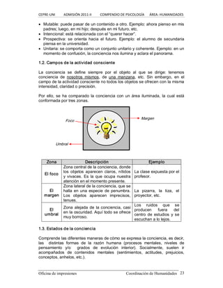 CEPRE‐UNI          ADMISIÓN 2011‐II          COMPENDIO DE PSICOLOGÍA      ÁREA: HUMANIDADES 
Oficina de impresiones                                                Coordinación de Humanidades  23
· Mutable: puede pasar de un contenido a otro. Ejemplo: ahora pienso en mis 
padres; luego, en mi hijo; después en mi futuro, etc.
· Intencional: está relacionada con el “querer hacer”.
· Prospectiva: se  orienta  hacia  el  futuro.  Ejemplo:  el  alumno  de  secundaria 
piensa en la universidad.
· Unitaria: se comporta como un conjunto unitario y coherente. Ejemplo: en un 
momento de confusión, la conciencia nos ilumina y aclara el panorama. 
1.2. Campos de la actividad consciente 
La  conciencia  se  define  siempre  por  el  objeto  al  que  se  dirige:  tenemos 
conciencia  de  nosotros  mismos,  de  una  manzana,  etc.  Sin  embargo,  en  el 
campo de la actividad consciente no todos los objetos se ofrecen con la misma 
intensidad, claridad o precisión. 
Por  ello, se ha comparado la conciencia con un área iluminada, la cual está 
conformada por tres zonas. 
Zona  Descripción  Ejemplo 
El foco 
Zona central de la conciencia, donde 
los objetos aparecen claros, nítidos 
y vivaces. Es la que ocupa nuestra 
atención en el momento presente. 
La clase expuesta por el 
profesor. 
El 
margen 
Zona lateral de la conciencia, que se 
halla en una especie de penumbra. 
Los  objetos  aparecen  imprecisos, 
tenues. 
La  pizarra,  la  tiza,  el 
proyector, etc. 
El 
umbral 
Zona alejada de  la conciencia, casi 
en la oscuridad. Aquí todo se ofrece 
muy borroso. 
Los  ruidos  que  se 
producen  fuera  del 
centro de  estudios  y se 
escuchan a lo lejos. 
1.3. Estados de la conciencia 
Comprende las diferentes maneras de cómo se expresa la conciencia, es decir, 
las    distintas  formas  de  la  razón  humana  (procesos  mentales,  niveles  de 
pensamiento  y/o    grados  de  evolución  interior).  Socialmente,  suelen  ir 
acompañados  de  contenidos  mentales  (sentimientos,  actitudes,  prejuicios, 
conceptos, anhelos, etc.). 
Margen 
Umbral 
Foco
 