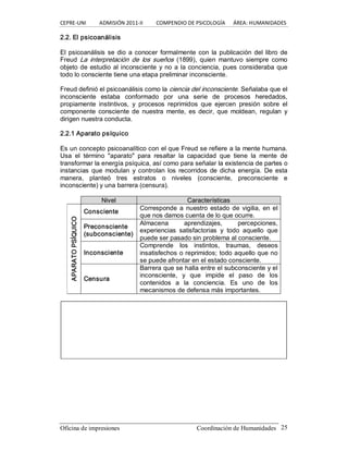 CEPRE‐UNI          ADMISIÓN 2011‐II          COMPENDIO DE PSICOLOGÍA      ÁREA: HUMANIDADES 
Oficina de impresiones                                                Coordinación de Humanidades  25 
2.2. El psicoanálisis 
El psicoanálisis se dio a conocer  formalmente con la publicación del libro de 
Freud  La  interpretación  de  los sueños  (1899),  quien  mantuvo  siempre  como 
objeto de estudio al inconsciente y no a la conciencia, pues consideraba que 
todo lo consciente tiene una etapa preliminar inconsciente. 
Freud definió el psicoanálisis como la ciencia del inconsciente. Señalaba que el 
inconsciente  estaba  conformado  por  una  serie  de  procesos  heredados, 
propiamente  instintivos,  y  procesos  reprimidos  que  ejercen  presión  sobre  el 
componente  consciente  de  nuestra  mente,  es  decir,  que  moldean,  regulan  y 
dirigen nuestra conducta. 
2.2.1 Aparato psíquico 
Es un concepto psicoanalítico con el que Freud se refiere a la mente humana. 
Usa  el  término  "aparato"  para  resaltar  la  capacidad  que  tiene  la  mente  de 
transformar la energía psíquica, así como para señalar la existencia de partes o 
instancias  que  modulan  y controlan  los recorridos  de  dicha energía.  De esta 
manera,  planteó  tres  estratos  o  niveles  (consciente,  preconsciente  e 
inconsciente) y una barrera (censura). 
N Ni iv ve el l  C Ca ar ra ac ct te er rí ís st ti ic ca as s 
Consciente 
Corresponde a  nuestro estado de vigilia,  en el 
que nos damos cuenta de lo que ocurre. 
Preconsciente 
(subconsciente) 
Almacena  aprendizajes,  percepciones, 
experiencias  satisfactorias  y  todo  aquello  que 
puede ser pasado sin problema al consciente. 
Inconsciente 
Comprende  los  instintos,  traumas,  deseos 
insatisfechos o reprimidos; todo aquello que no 
se puede afrontar en el estado consciente. 
APARATO PSÍQUICO 
Censura 
Barrera que se halla entre el subconsciente y el 
inconsciente,  y  que  impide  el  paso  de  los 
contenidos  a  la  conciencia.  Es  uno  de  los 
mecanismos de defensa más importantes.
 