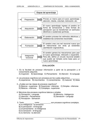 CEPRE‐UNI          ADMISIÓN 2011‐II          COMPENDIO DE PSICOLOGÍA      ÁREA: HUMANIDADES 
Oficina de impresiones                                                Coordinación de Humanidades  29 
EVALUACIÓN 
1.  Es  la  facultad  de  procesar  información  a  partir  de  la  percepción  y  el 
conocimiento adquirido. 
A) Cognición  B) Aprendizaje   C) Pensamiento    D) Atención   E) Lenguaje 
2. Los procesos cognitivos son procesos por los cuales adquirimos _________. 
A) experiencia  B) movimientos    C) conocimientos  D) madurez  E) ideas 
3. ¿Cuáles son las clases de procesos cognitivos? 
A) Básicos ­ superiores  B) Superiores ­ inferiores  C) Simples ­ inferiores 
D) Básicos ­ inferiores  E) Complejos ­ superiores 
4. Mencione dos procesos cognitivos básicos o simples. 
A) Percepción ­ Lenguaje  B) Memoria ­ Inteligencia 
C) Atención ­ Pensamiento  D) Sensación ­ Lenguaje 
E) Percepción ­ Sensación 
5. Tanto __________ como ___________ son procesos cognitivos complejos. 
A) la inteligencia ­ la sensación 
B) la percepción ­ el lenguaje 
C) el pensamiento ­ la inteligencia 
D) la sensación ­ el lenguaje 
E) la memoria ­ la atención 
Etapas del aprendizaje 
Preparación  Provee un marco para el nuevo aprendizaje: 
atención, interés, voluntad, motivación, etc. 
El  nuevo  aprendizaje  ingresa  al  cerebro  en 
forma  de  sensaciones  u  otras  formas  de 
percepción que se transforman en estímulos 
eléctricos o sustancias químicas. 
El cerebro procesa los estímulos eléctricos y 
establece las conexiones neuronales. 
El cerebro crea una red neuronal nueva que 
se  interconecta  con  otras  ya  existentes 
(asimilación cognoscitiva). 
Adquisición 
Elaboración 
Formación 
El cerebro genera los mecanismos para usar 
el nuevo aprendizaje, reforzarlo o expandirlo. 
Para ello, define un circuito neuronal estable 
que  puede  ser  tomado  como  base  para  un 
nuevo aprendizaje. 
Integración 
funcional
 