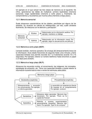 CEPRE‐UNI          ADMISIÓN 2011‐II          COMPENDIO DE PSICOLOGÍA      ÁREA: HUMANIDADES 
Oficina de impresiones                                                Coordinación de Humanidades  38 
Un ejemplo en el que actúan las tres clases de memoria es el siguiente: De 
niños,  aprendemos  las  tablas  de  multiplicar,  primero  leyéndolas  (memoria 
sensorial),  luego  repitiéndolas  (memoria  a  corto  plazo)  y,  finalmente,  las 
comprendemos y recordamos por muchos años (memoria a largo plazo). 
1.2.1. Memoria sensorial 
Suele  almacenar características  de  los  objetos,  percibidas  por alguno  de  los 
sentidos.  Su  duración  se  calcula  en  milisegundos,  por  eso,  suele  olvidarse 
fácilmente. Se relaciona con la atención y percepción. 
1.2.2. Memoria a corto plazo (MCP) 
Llamada también memoria operativa. Se encarga del almacenamiento breve de 
la información. Dura desde fracciones de segundo hasta unos minutos y tiene 
capacidad limitada (nos permite recordar de 7 a 9 elementos durante 10 o 15 
segundos). Por ejemplo, retener un número telefónico hasta encontrar un papel 
o un lápiz para anotarlo. 
1.2.3. Memoria a largo plazo (MLP): 
Almacena los recuerdos vividos, el conocimiento, las imágenes, los conceptos, 
estrategias de actuación, etc. Tiene una capacidad ilimitada y puede retener la 
información durante toda la vida si recibe los estímulos adecuados. 
Memoria 
sensorial 
Memoria a largo plazo 
Declarativa (explícita)  Procedimental (implícita) 
Almacenamiento  y  evocación 
de conocimientos. Por ejemplo, 
un idioma aprendido. 
Lo aprendido por experiencia directa. 
Se  expresa  en  el  comportamiento. 
Por ejemplo, conducir. 
Semántica 
Episódica 
Almacena  datos  generales.  Memoria  tipo 
diccionario.  Por  ejemplo,  "París  es  la 
capital de Francia". 
Referida  a  eventos  experimentados 
personalmente  (biografía).  Memoria  tipo 
diario. Por ejemplo, “ayer fui de compras”. 
Ecoica 
Icónica 
Relacionada con la información auditiva. Por 
ejemplo, mantener un diálogo. 
Relacionada  con  la  información  visual.  Por 
ejemplo, seguir la secuencia de una película.
 