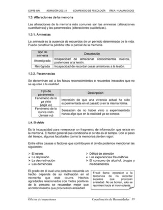 CEPRE‐UNI          ADMISIÓN 2011‐II          COMPENDIO DE PSICOLOGÍA      ÁREA: HUMANIDADES 
Oficina de impresiones                                                Coordinación de Humanidades  39 
Freud  llama  represión  a  la 
tendencia  de  no  recordar 
sucesos  que  provocan 
ansiedad. No se borran, solo se 
reprimen hacia el inconsciente. 
1.3. Alteraciones de la memoria 
Las alteraciones de la memoria más comunes son las amnesias (alteraciones 
cuantitativas) y las paramnesias (alteraciones cualitativas). 
1.3.1. Amnesias 
La amnesia es la ausencia de recuerdos de un período determinado de la vida. 
Puede constituir la pérdida total o parcial de la memoria. 
T Ti ip po o d de e 
a am mn ne es si ia a 
D De es sc cr ri ip pc ci ió ón n 
Anterógrada 
Incapacidad  de  almacenar  conocimientos  nuevos, 
posteriores a la lesión. 
Retrógrada  Incapacidad de recordar cosas anteriores a la lesión. 
1.3.2. Paramnesias 
Se denominan así a los falsos reconocimientos o recuerdos inexactos que no 
se ajustan a la realidad. 
T Ti ip po o d de e 
p pa ar ra am mn ne es siia a 
D De es sc cr ri ip pc ci ió ón n 
Fenómeno de lo 
ya visto 
(déja vu) 
Impresión  de  que  una  vivencia  actual  ha  sido 
experimentada en el pasado y en la misma forma. 
Fenómeno de lo 
nunca visto 
(jamais vu) 
Sensación  de  no  haber  visto  o  experimentado 
nunca algo que en la realidad ya se conoce. 
1.4. El olvido 
Es la incapacidad para rememorar un fragmento de información que existe en 
la memoria. El factor general que condiciona el olvido es el tiempo. Con el paso 
del tiempo, algunas facultades (como la memoria) pierden vigor: 
Entre otras causas o factores que contribuyen al olvido podemos mencionar las 
siguientes: 
Ø El estrés 
Ø La depresión 
Ø La desmotivación 
Ø Las demencias 
Ø Déficit de atención 
Ø Las experiencias traumáticas 
Ø El consumo de alcohol, drogas y 
medicamentos 
El grado en el cual una persona recuerda un 
hecho  depende  de  su  motivación  en  el 
momento  que  este  ocurre.  Hechos 
agradables relacionados con metas positivas 
de  la  persona  se  recuerdan  mejor  que 
acontecimientos que provocaron ansiedad.
 
