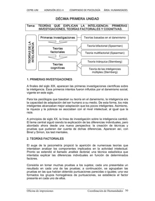 CEPRE‐UNI          ADMISIÓN 2011‐II          COMPENDIO DE PSICOLOGÍA      ÁREA: HUMANIDADES 
Oficina de impresiones  Coordinación de Humanidades  50 
DÉCIMA PRIMERA UNIDAD 
Tema:  TEORÍAS  QUE  EXPLICAN  LA  INTELIGENCIA:  PRIMERAS 
INVESTIGACIONES, TEORÍAS FACTORIALES Y COGNITIVAS. 
1. PRIMERAS INVESTIGACIONES 
A finales del siglo XIX, aparecen las primeras investigaciones científicas sobre 
la inteligencia. Esos primeros intentos fueron influidos por el darwinismo social, 
vigente en este siglo. 
Para los psicólogos que basaban su teoría en el darwinismo, la inteligencia era 
la capacidad de adaptación del ser humano a su medio. De esta forma, los más 
inteligentes alcanzaban mejor adaptación que los pocos inteligentes. Asimismo, 
la  riqueza  y  la  pobreza se  asociaban  con  el  nivel  intelectual,  al  igual  que  la 
raza. 
A principios de siglo XX, la línea de investigación sobre la inteligencia cambió. 
El tema central siguió siendo la explicación de las diferencias individuales, pero 
abordado  ahora  desde  una  nueva  perspectiva:  la  creación  de  técnicas  y 
pruebas  que  pudieran  dar  cuenta  de  dichas  diferencias.  Aparecen  así,  con 
Binet y Simon, los test mentales. 
2. TEORÍAS FACTORIALES 
El  auge  de  la  psicometría  propició  la  aparición  de  numerosas  teorías  que 
intentaban  analizar  los  componentes  implicados  en  la  actividad  intelectual. 
Pronto  se  extendió  el  llamado  análisis  factorial,  una  técnica  estadística  que 
intentaba  explicar  las  diferencias  individuales  en  función  de  determinados 
factores. 
Consistía  en  tomar  muchas  pruebas  a  los  sujetos;  cada  uno  presentaba  un 
resultado  en  cada  una  de  las  pruebas;  a  continuación,  se  agrupaban  las 
pruebas en las que habían obtenido puntuaciones parecidas o iguales; una vez 
formados  los  grupos  homogéneos  de  puntuaciones,  se  establecía  el  factor 
presente en cada uno de ellos. 
TEORÍAS DE LA 
INTELIGENCIA 
Primeras investigaciones  Teorías basadas en el darwinismo 
Teoría bifactorial (Spearman) 
Teoría multifactorial (Spearman) 
Teoría triárquica (Sternberg) 
Teoría de las inteligencias 
múltiples (Sternberg) 
Teorías 
factoriales 
Teorías 
cognitivas
 