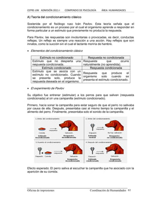 CEPRE‐UNI   ADMISIÓN 2011‐I        COMPENDIO DE PSICOLOGÍA         ÁREA: HUMANIDADES 
Oficina de impresiones                                                 Coordinación de Humanidades  61 
A) Teoría del condicionamiento clásico 
Sostenida  por  el  fisiólogo  ruso  Iván  Pavlov.  Esta  teoría  señala  que  el 
condicionamiento es un proceso por el cual el organismo aprende a responder en 
forma particular a un estímulo que previamente no producía la respuesta. 
Para Pavlov, las respuestas son involuntarias o provocadas, es decir, conductas 
reflejas. Un reflejo es siempre una reacción a una acción. Hay reflejos que son 
innatos, como la succión sin el cual el lactante moriría de hambre.
· Elementos del condicionamiento clásico 
E Es st tí ím mu ullo o n no o c co on nd diic ci io on na ad do o  R Re es sp pu ue es st ta a n no o c co on nd di ic ci io on na ad da a 
Estímulo  que  no  despierta  una 
respuesta condicionada. 
Respuesta  que  ocurre 
naturalmente (no aprendida). 
E Es st tí ím mu ul lo o c co on nd di ic ciio on na ad do o  R Re es sp pu ue es st ta a c co on nd di ic ci io on na ad da a 
Estímulo  que  se  asocia  con  un 
estímulo  no  condicionado.  Cuando 
se  presenta  solo,  produce  la 
respuesta deseada en el organismo. 
Respuesta  que  produce  el 
organismo  solo  cuando  se 
presenta el estímulo condicionado.
· El experimento de Pavlov 
Su  objetivo  fue  entrenar  (estimular)  a  los  perros  para  que  saliven  (respuesta 
condicionada) al oír una campanilla (estímulo condicionado). 
Primero, hacía sonar la campanilla para estar seguro de que el perro no salivaba 
por causa de ella. Después, presentaba casi al mismo tiempo la campanilla y el 
alimento del perro. Finalmente, presentaba solo el sonido de la campanilla. 
Efecto esperado: El perro saliva al escuchar la campanilla que ha asociado con la 
aparición de su comida.
 