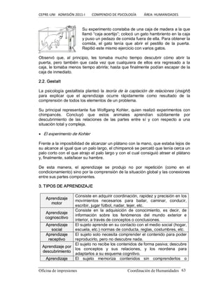 CEPRE‐UNI   ADMISIÓN 2011‐I        COMPENDIO DE PSICOLOGÍA         ÁREA: HUMANIDADES 
Oficina de impresiones                                                 Coordinación de Humanidades  63 
Su experimento constaba de una caja de madera a la que 
llamó “caja acertijo”; colocó un gato hambriento en la caja 
y puso un pedazo de comida fuera de ella. Para obtener la 
comida,  el  gato  tenía  que  abrir  el  pestillo  de  la  puerta. 
Repitió este mismo ejercicio con varios gatos. 
Observó  que,  al  principio,  les  tomaba  mucho  tiempo  descubrir  cómo  abrir  la 
puerta,  pero  también  que cada vez  que  cualquiera  de ellos  era  regresado a la 
caja, le tomaba menos tiempo abrirla; hasta que finalmente podían escapar de la 
caja de inmediato. 
2.2. Gestalt 
La psicología gestaltista planteó la teoría de la captación de relaciones (insight) 
para  explicar  que  el  aprendizaje  ocurre  rápidamente  como  resultado  de  la 
comprensión de todos los elementos de un problema. 
Su principal representante fue Wolfgang Kohler, quien realizó experimentos con 
chimpancés.  Concluyó  que  estos  animales  aprendían  súbitamente  por 
descubrimiento  de  las  relaciones  de  las  partes  entre  sí  y  con  respecto  a  una 
situación total y compleja.
· El experimento de Kohler 
Frente a la imposibilidad de alcanzar un plátano con la mano, que estaba lejos de 
su alcance al igual que un palo largo, el chimpancé se percató que tenía cerca un 
palo corto con el que atrajo el palo largo y con el cual consiguió atraer el plátano 
y, finalmente, satisfacer su hambre. 
De  esta  manera,  el  aprendizaje  se  produjo  no  por  repetición  (como  en  el 
condicionamiento) sino por la comprensión de la situación global y las conexiones 
entre sus partes componentes. 
3. TIPOS DE APRENDIZAJE 
A Ap pr re en nd di iz za aj je e 
m mo ot to or r 
Consiste en adquirir coordinación, rapidez y precisión en los 
movimientos  necesarios  para  bailar,  caminar,  conducir, 
escribir, jugar fútbol, nadar, tejer, etc. 
A Ap pr re en nd di iz za aj je e 
c co og gn no os sc ci it ti iv vo o 
Consiste  en  la  adquisición  de  conocimiento,  es  decir,  de 
información  sobre  los  fenómenos  del  mundo  exterior  e 
interior, a través de conceptos o conclusiones. 
A Ap pr re en nd di iz za aj je e 
s so oc ci ia al l 
El sujeto aprende en su contacto con el medio social (hogar, 
escuela, etc.) normas de conducta, reglas, costumbres, etc. 
A Ap pr re en nd di iz za aj je e 
r re ec ce ep pt ti iv vo o 
El sujeto solo necesita comprender el contenido para poder 
reproducirlo, pero no descubre nada. 
A Ap pr re en nd di iz za aj je e p po or r 
d de es sc cu ub br ri im mi ie en nt to o 
El sujeto no recibe los contenidos de forma pasiva; descubre 
los  conceptos  y  sus  relaciones,  y  los  reordena  para 
adaptarlos a su esquema cognitivo. 
A Ap pr re en nd di iz za aj je e  El  sujeto  memoriza  contenidos  sin  comprenderlos  o
 