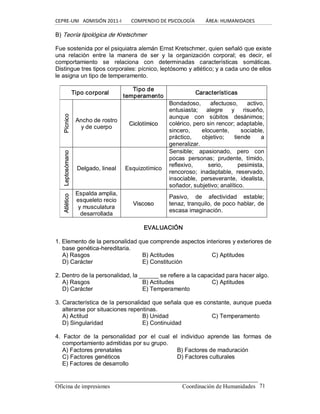 CEPRE‐UNI   ADMISIÓN 2011‐I        COMPENDIO DE PSICOLOGÍA         ÁREA: HUMANIDADES 
Oficina de impresiones                                                 Coordinación de Humanidades  71 
B) Teoría tipológica de Kretschmer 
Fue sostenida por el psiquiatra alemán Ernst Kretschmer, quien señaló que existe 
una  relación  entre  la  manera  de  ser  y  la  organización  corporal;  es  decir,  el 
comportamiento  se  relaciona  con  determinadas  características  somáticas. 
Distingue tres tipos corporales: pícnico, leptósomo y atlético; y a cada uno de ellos 
le asigna un tipo de temperamento. 
Tipo corporal 
Tipo de 
temperamento 
Características 
P Pííc cn niic co o 
Ancho de rostro 
y de cuerpo 
C Ci ic cl lo ot tí ím mi ic co o 
Bondadoso,  afectuoso,  activo, 
entusiasta;  alegre  y  risueño, 
aunque  con  súbitos  desánimos; 
colérico, pero sin rencor; adaptable, 
sincero,  elocuente,  sociable, 
práctico,  objetivo;  tiende  a 
generalizar. 
L Le ep ptto os só óm ma an no o 
Delgado, lineal  Esquizotímico 
Sensible;  apasionado,  pero  con 
pocas  personas;  prudente,  tímido, 
reflexivo,  serio,  pesimista, 
rencoroso;  inadaptable,  reservado, 
insociable,  perseverante,  idealista, 
soñador, subjetivo; analítico. 
A Attllé éttiic co o 
Espalda amplia, 
esqueleto recio 
y musculatura 
desarrollada 
V Vi is sc co os so o 
Pasivo,  de  afectividad  estable; 
tenaz, tranquilo, de poco hablar, de 
escasa imaginación. 
EVALUACIÓN 
1. Elemento de la personalidad que comprende aspectos interiores y exteriores de 
base genética­hereditaria. 
A) Rasgos  B) Actitudes  C) Aptitudes 
D) Carácter  E) Constitución 
2. Dentro de la personalidad, la ______ se refiere a la capacidad para hacer algo. 
A) Rasgos  B) Actitudes  C) Aptitudes 
D) Carácter  E) Temperamento 
3. Característica de la personalidad que señala que es constante, aunque pueda 
alterarse por situaciones repentinas. 
A) Actitud  B) Unidad  C) Temperamento 
D) Singularidad  E) Continuidad 
4.  Factor  de  la  personalidad  por  el  cual  el  individuo  aprende  las  formas  de 
comportamiento admitidas por su grupo. 
A) Factores prenatales  B) Factores de maduración 
C) Factores genéticos  D) Factores culturales 
E) Factores de desarrollo
 