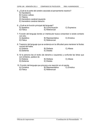 CEPRE‐UNI   ADMISIÓN 2011‐I        COMPENDIO DE PSICOLOGÍA         ÁREA: HUMANIDADES 
Oficina de impresiones                                                 Coordinación de Humanidades  77 
5. ¿Cuál es la parte del cerebro asociada al pensamiento reactivo? 
A) Hipotálamo 
B) Cuerpo calloso 
C) Tálamo 
D) Hemisferio cerebral izquierdo 
E) Hemisferio cerebral derecho 
6. ¿Cuál es la función principal del lenguaje? 
A) Apelativa  B) Comunicación  C) Expresiva 
D) Fática  E) Referencial 
7. Función del lenguaje donde un interlocutor busca comprobar si existe contacto 
con otro. 
A) Apelativa  B) Representativa  C) Emotiva 
D) Fática  E) Referencial 
8. Trastorno del lenguaje que se evidencia en la dificultad para mantener la fluidez 
normal del habla. 
A) Dislexia  B) Disfasia  C) Afasia 
D) Disfemia  E) Dislalia 
9. Si la persona lee al revés (de derecha a izquierda) y confunde las letras que 
son similares, padece de 
A) Dislexia  B) Disfasia  C) Afasia 
D) Disfemia  E) Dislalia 
10. Función del lenguaje que provoca una reacción en el oyente. 
A) Conativa  B) Representativa  C) Emotiva 
D) Fática  E) Referencial
 