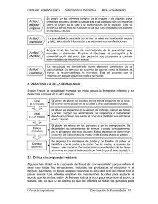 CEPRE‐UNI   ADMISIÓN 2011‐I        COMPENDIO DE PSICOLOGÍA         ÁREA: HUMANIDADES 
Oficina de impresiones                                                 Coordinación de Humanidades  82 
2. DESARROLLO DE LA SEXUALIDAD 
Según  Freud,  la  sexualidad  humana  se  inicia  desde  la  temprana  infancia  y  se 
desarrolla a través de cuatro etapas: 
2.1. Crítica a la propuesta freudiana 
Algunos han tildado a la propuesta de Freud de “pansexualista” porque refiere al 
sexo  casi  todas  las  sensaciones,  incluidas  las  producidas  al  miccionar  y  al 
defecar. Asimismo, no todos aceptan relacionar la actividad oral del infante con el 
placer  sexual.  Los  infantes  emplean  los  mecanismos  bucales  para  explorar  el 
mundo que los rodea, tratan de llevarse todo a la boca para reconocer el sabor, la 
textura, etc. Lo que sí se acepta es que los infantes se tocan los genitales para 
Actitud 
mágico­ 
religiosa 
Actitud 
represora 
Actitud 
libertina 
Es  propia  de  los  primeros  tiempos  de  la  historia  y  de  algunas  tribus 
primitivas actuales, donde la sexualidad está asociada con los misterios 
sobre  el  origen  de  la  vida  y  la  conservación  de  la  especie.  Esto  se 
evidencia en los ritos de iniciación a los que son sometidos los púberes 
en muchas culturas. 
La sexualidad es asociada con el mal; el sexo es considerado impuro 
y tabú; se oculta la información y se reprimen sus manifestaciones. 
Acepta  todas  las  formas  de  manifestación  de  la  sexualidad  sean 
normales  o  aberrantes.  Propicia  el  libertinaje,  la  pornografía  y  la 
comercialización  del  sexo.  Las  personas  son  propensas  a  contraer 
enfermedades de trasmisión sexual. 
Actitud 
valorativa 
La  sexualidad  es  considerada  como  elemento  constitutivo  de  la 
personalidad. Su ejercicio se sustenta en valores como la libertad, el 
honor,  la  responsabilidad,  la  intimidad.  Está  de  acuerdo  con  la 
información sexual según los niveles de interés. 
Oral 
(0­12 meses) 
El centro de placer se localiza en las zonas erógenas de la boca. 
El infante siente placer en la succión y otras actividades bucales. 
Anal 
(12­24 meses) 
El placer se encuentra en la acción de defecar, retener las heces 
y  orinar.  Surgen  los  sentimientos  de  vergüenza  o  culpabilidad 
debido a la presión que siente el niño para controlar sus esfínteres 
anal y vesical. 
Genital 
(pubertad) 
Se  superan  los  complejos  de  Edipo  y  de  Electra.  El  púber  se 
identifica  con  el  padre  y  la  púber  con  la  madre,  a  quienes  los 
tienen como modelos. Del autoerotismo característico de las fases 
anteriores se pasa al heteroerotismo (interés por el sexo opuesto). 
Fálica 
(2­5 años) 
El  placer  se  centra  en  los  genitales  y  en  su  manipulación.  Se 
desarrollan  los  sentimientos  de  ternura  y  afecto,  principalmente, 
por el progenitor del sexo opuesto. Estos procesos se denominan 
complejo de Edipo (hacia la madre) y de Electra (hacia el padre)
 