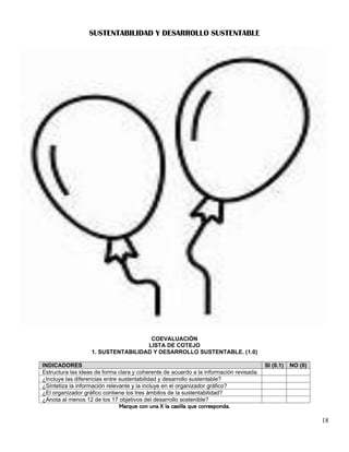 18
SUSTENTABILIDAD Y DESARROLLO SUSTENTABLE
COEVALUACIÓN
LISTA DE COTEJO
1. SUSTENTABILIDAD Y DESARROLLO SUSTENTABLE. (1.0)
INDICADORES SI (0.1) NO (0)
Estructura las ideas de forma clara y coherente de acuerdo a la información revisada.
¿Incluye las diferencias entre sustentabilidad y desarrollo sustentable?
¿Sintetiza la información relevante y la incluye en el organizador gráfico?
¿El organizador gráfico contiene los tres ámbitos de la sustentabilidad?
¿Anota al menos 12 de los 17 objetivos del desarrollo sostenible?
Marque con una X la casilla que corresponda.
 