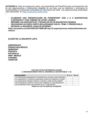 19
ACTIVIDAD 4. Crear en equipos de cuatro, una presentación de PowerPoint para una exposición oral
de dos organizaciones o instituciones elegibles de una lista, que se relacionen y promuevan la
sustentabilidad y el desarrollo sustentable con información del video: “Las organizaciones ambientales
más importantes” en https://youtu.be/O_RVEL7nloA
:
- ELABORAR UNA PRESENTACIÓN EN POWERPOINT CON 3 A 6 DIAPOSITIVAS
ILUSTRADAS Y CON TAMAÑO DE LETRA LEGIBLE.
- IMPRIMIR LAS DIAPOSITIVAS Y PEGARLAS EN AS SIGUIENTES PÁGINAS.
- DESCARGAR UN VIDEO CORTO RELACIONADO CON EL TEMA Y PRESENTARLO.
- REVISAR LA SIGUIENTE LIGAS DE INTERNET:
https://ecoosfera.com/2014/09/%EF%BB%BF-top-10-organizaciones-medioambientales-de-
mexico/
ELEGIR DE LA SIGUIENTE LISTA
GREENPEACE
PRONATURA MÉXICO
SEMARNAT
PROFEPA
NATURALIA
WWF- MÉXICO
CONABIO
CONAFOR
LISTA DE COTEJO HETEROEVALUACIÓN
2. ORGANIZACIONES PARA EL DESARROLLO SUSTENTABLE” (1.0)
INDICADORES SI (0.1) NO (0)
¿La información presentación en PowerPoint es correcta y está ordenada?
¿La organización o institución presentada contiene los objetivos y el logo?
¿La presentación utilizada contiene un tamaño y estilo de letra legible?
¿Su presentación contiene al menos dos imágenes en cada diapositiva?
¿Su presentación tiene una extensión de 3 a 7 diapositivas?
Marque con una X la casilla que corresponda.
 