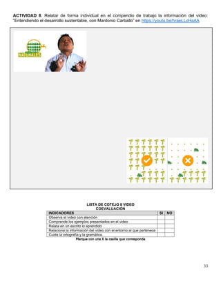 33
ACTIVIDAD 8. Relatar de forma individual en el compendio de trabajo la información del video:
“Entendiendo el desarrollo sustentable, con Mardonio Carballo” en https://youtu.be/hraeLLcHaAA
LISTA DE COTEJO 8 VIDEO
COEVALUACIÓN
INDICADORES SI NO
Observa el video con atención
Comprende los ejemplos presentados en el video
Relata en un escrito lo aprendido
Relaciona la información del video con el entorno al que pertenece
Cuida la ortografía y la gramática.
Marque con una X la casilla que corresponda
 