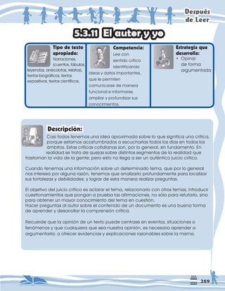 'HVSXpV
GH/HHU
7LSRGHWH[WR
DSURSLDGR
1DUUDFLRQHV
FXHQWRVIiEXODV
OHHQGDVDQpFGRWDVUHODWRV 
WH[WRVELRJUiILFRVWH[WRV
H[SRVLWLYRVWH[WRVFLHQWtILFRV
RPSHWHQFLD
/HHFRQ
VHQWLGRFUtWLFR
LGHQWLILFDQGR
LGHDVGDWRVLPSRUWDQWHV
TXHOHSHUPLWHQ
FRPXQLFDUVHGHPDQHUD
IXQFLRQDOHLQIRUPDUVH
DPSOLDUSURIXQGL]DUVXV
FRQRFLPLHQWRV
(VWUDWHJLDTXH
GHVDUUROOD
(ODXWRUR
DVLWRGRVWHQHPRVXQDLGHDDSUR[LPDGDVREUHORTXHVLJQLILFDXQDFUtWLFD
SRUTXHHVWDPRVDFRVWXPEUDGRVDHVFXFKDUODVWRGRVORVGtDVHQWRGRVORV
iPELWRV(VWDVFUtWLFDVFRWLGLDQDVVRQSRUORJHQHUDOVLQIXQGDPHQWR(Q
UHDOLGDGVHWUDWDGHTXHMDVVREUHGLVWLQWRVVHJPHQWRVGHODUHDOLGDGTXH
WUDVWRUQDQODYLGDGHODJHQWHSHURHVWRQROOHJDDVHUXQDXWpQWLFRMXLFLRFUtWLFR
XDQGRWHQHPRVXQDLQIRUPDFLyQVREUHXQGHWHUPLQDGRWHPDTXHSRUORJHQHUDO
QRVLQWHUHVDSRUDOJXQDUD]yQWHQHPRVTXHDQDOL]DUORSURIXQGDPHQWHSDUDORFDOL]DU
VXVIRUWDOH]DVGHELOLGDGHVORJUDUGHHVWDPDQHUDUHDOL]DUSUHJXQWDV
(OREMHWLYRGHOMXLFLRFUtWLFRHVDFODUDUHOWHPDUHODFLRQDUORFRQRWURVWHPDVLQWURGXFLU
FXHVWLRQDPLHQWRVTXHSRQJDQDSUXHEDODVDILUPDFLRQHVQRVyORSDUDUHIXWDUORVLQR
SDUDREWHQHUXQPDRUFRQRFLPLHQWRGHOWHPDHQFXHVWLyQ
+DFHUSUHJXQWDVDODXWRUVREUHHOFRQWHQLGRGHXQGRFXPHQWRHVXQDEXHQDIRUPD
GHDSUHQGHUGHVDUUROODUODFRPSUHQVLyQFUtWLFD
5HFXHUGHTXHODRSLQLyQGHXQWH[WRSXHGHFHQWUDVHHQHYHQWRVVLWXDFLRQHVR
IHQyPHQRVTXHFXDOTXLHUDTXHVHDQXHVWUDRSLQLyQHVQHFHVDULRDSUHQGHUD
DUJXPHQWDUODDRIUHFHUHYLGHQFLDVH[SOLFDFLRQHVUD]RQDEOHVVREUHODPLVPD
'HVFULSFLyQ
‡ 2SLQDU
GHIRUPD
DUJXPHQWDGD
 