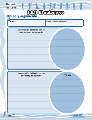 'HVSXpV
GH/HHU
7ÕWXOR $XWRUDXWRUDRIXHQWH
,QIRUPDFLÚQGHOWH[WRFRQOD
TXHQRHVWRGHDFXHUGR
,QIRUPDFLÚQGHOWH[WRFRQOD
TXHHVWRGHDFXHUGR 3RUTXH
(ODXWRUR
2SLQRDUJXPHQWR
 