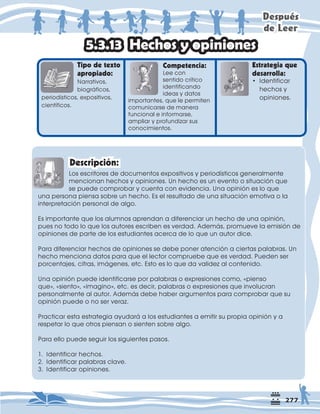 'HVSXpV
GH/HHU
7LSRGHWH[WR
DSURSLDGR
1DUUDWLYRV
ELRJUiILFRV
SHULRGtVWLFRVH[SRVLWLYRV
FLHQWtILFRV
RPSHWHQFLD
/HHFRQ
VHQWLGRFUtWLFR
LGHQWLILFDQGR
LGHDVGDWRV
LPSRUWDQWHVTXHOHSHUPLWHQ
FRPXQLFDUVHGHPDQHUD
IXQFLRQDOHLQIRUPDUVH
DPSOLDUSURIXQGL]DUVXV
FRQRFLPLHQWRV
(VWUDWHJLDTXH
GHVDUUROOD
+HFKRVRSLQLRQHV
/RVHVFULWRUHVGHGRFXPHQWRVH[SRVLWLYRVSHULRGtVWLFRVJHQHUDOPHQWH
PHQFLRQDQKHFKRVRSLQLRQHV8QKHFKRHVXQHYHQWRRVLWXDFLyQTXH
VHSXHGHFRPSUREDUFXHQWDFRQHYLGHQFLD8QDRSLQLyQHVORTXH
XQDSHUVRQDSLHQVDVREUHXQKHFKR(VHOUHVXOWDGRGHXQDVLWXDFLyQHPRWLYDROD
LQWHUSUHWDFLyQSHUVRQDOGHDOJR
(VLPSRUWDQWHTXHORVDOXPQRVDSUHQGDQDGLIHUHQFLDUXQKHFKRGHXQDRSLQLyQ
SXHVQRWRGRORTXHORVDXWRUHVHVFULEHQHVYHUGDG$GHPiVSURPXHYHODHPLVLyQGH
RSLQLRQHVGHSDUWHGHORVHVWXGLDQWHVDFHUFDGHORTXHXQDXWRUGLFH
3DUDGLIHUHQFLDUKHFKRVGHRSLQLRQHVVHGHEHSRQHUDWHQFLyQDFLHUWDVSDODEUDV8Q
KHFKRPHQFLRQDGDWRVSDUDTXHHOOHFWRUFRPSUXHEHTXHHVYHUGDG3XHGHQVHU
SRUFHQWDMHVFLIUDVLPiJHQHVHWF(VWRHVORTXHGDYDOLGH]DOFRQWHQLGR
8QDRSLQLyQSXHGHLGHQWLILFDUVHSRUSDODEUDVRH[SUHVLRQHVFRPR©SLHQVR
TXHª©VLHQWRª©LPDJLQRªHWFHVGHFLUSDODEUDVRH[SUHVLRQHVTXHLQYROXFUDQ
SHUVRQDOPHQWHDODXWRU$GHPiVGHEHKDEHUDUJXPHQWRVSDUDFRPSUREDUTXHVX
RSLQLyQSXHGHRQRVHUYHUD]
3UDFWLFDUHVWDHVWUDWHJLDDXGDUiDORVHVWXGLDQWHVDHPLWLUVXSURSLDRSLQLyQD
UHVSHWDUORTXHRWURVSLHQVDQRVLHQWHQVREUHDOJR
3DUDHOORSXHGHVHJXLUORVVLJXLHQWHVSDVRV
 ,GHQWLILFDUKHFKRV
 ,GHQWLILFDUSDODEUDVFODYH
 ,GHQWLILFDURSLQLRQHV
'HVFULSFLyQ
‡ ,GHQWLILFDU
KHFKRV
RSLQLRQHV
 