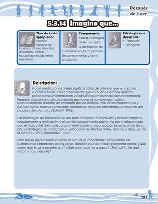 'HVSXpV
GH/HHU
7LSRGHWH[WR
DSURSLDGR
3RHPDV
QDUUDFLRQHV
FXHQWRVIiEXODVOHHQGDV
DQpFGRWDVUHODWRV 
ELRJUDItDVQRWLFLDVWH[WRV
H[SRVLWLYRV
RPSHWHQFLD
$SOLFDHVWUDWHJLDV
GHOHFWXUDSDUD
ODDVLPLODFLyQGH
ODLQIRUPDFLyQODDPSOLDFLyQ
GHFRQRFLPLHQWRVFRPR
UHFUHDFLyQ
(VWUDWHJLDTXH
GHVDUUROOD
+DFHUSUHGLFFLRQHVDOOHHUVLJQLILFDWUDWDUGHDGLYLQDUTXpYDDSDVDU
DFRQWLQXDFLyQ(VWiFRPSUREDGRTXHORVEXHQRVOHFWRUHVUHDOL]DQ
SUHGLFFLRQHVPLHQWUDVOHHQGHVSXpVVLJXHQOHHQGRSDUDFRQILUPDUODV
3UHGHFLUHOFRQWHQLGRGHXQDKLVWRULDSURPXHYHODFRPSUHQVLyQDFWLYD
SURSRUFLRQDQGRDOOHFWRUXQSURSyVLWRSDUDODOHFWXUD(YDOXDUODVSUHGLFFLRQHV
JHQHUDUWDQWDVQXHYDVFRPRVHDQQHFHVDULDVPHMRUDODQDWXUDOH]DFRQVWUXFWLYDGHO
SURFHVRGHODOHFWXUD 6FKPLWW 
/DVHVWUDWHJLDVGHSUHGLFFLyQVLUYHQSDUDSURSRQHUXQFRQWH[WRWDPELpQLPSOLFD
GLUHFWDPHQWHODDFWLYDFLyQHOXVRGHOFRQRFLPLHQWRSUHYLRDVHDHOUHODFLRQDGR
FRQHOWySLFRGHOWH[WRRHOFRQRFLPLHQWRVREUHODRUJDQL]DFLyQHVWUXFWXUDOGHOWH[WR
(VWDVHVWUDWHJLDVGHSUHGLFFLyQYHULILFDFLyQVHHIHFW~DDQWHVGXUDQWHGHVSXpVGH
ODOHFWXUD 'tD]+HUQiQGH] 
3DUDKDFHUSUHGLFFLRQHVGXUDQWHODOHFWXUDHVLPSRUWDQWHLUREVHUYDQGRODV
LOXVWUDFLRQHVHLGHQWLILFDUGDWRVFODYH7DPELpQSXHGHUHDOL]DUSUHJXQWDVFRPR¢4Xp
FUHHQTXHOHYDDVXFHGHUD«¢4XpFUHHQTXHYDDSDVDU¢3RUTXp¢'HTXp
WUDWDUiPiVDGHODQWH
,PDJLQRTXH«
'HVFULSFLyQ
‡ 3UHGHFLU
‡ ,PDJLQDU
 