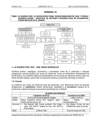 CEPRE-UNI ADMISIÓN 2012-I ÁREA: HUMANIDADES
Compendio de Historia del Perú y del Mundo. Prohibida su reproducción sin el permiso del CEPRE-UNI. 43
SEMANA 15
TEMA: LA GUERRA FRÍA. LA REVOLUCIÓN CHINA, DESCOLONIZACIÓN DE ASIA Y ÁFRICA.
GUERRAS ÁRABE ISRAELÍES, DE VIETNAM E INVASIÓN RUSA EN AFGANISTÁN.
PODER BIPOLAR EN EL MUNDO.
1. LA GUERRA FRÍA 1945 1990. IDEAS GENERALES
Conflicto político, ideológico, económico y tecnológico entre las 2 potencias o bloques
antagónicos (mundo bipolar) por zonas de influencia, nunca se enfrentaron directamente de
forma bélica, los conflictos bélicos se desarrollaron en las zonas de influencia donde cada uno
había formado aliados, para evitar la expansión política y económica del bloque contrario.
1.2. Causas
La ambición por zonas de influencia para las potencias y las diferencias entre los bloques
antagónicos: el capitalismo: liberal, democracia, capitalista y el socialismo: basado en la
producción colectiva liderado la economía planificada por el Estado.
BLOQUES ANTAGÓNICOS
Capitalismo de EE.UU. Socialismo de la URSS
Líderes Doctrina del Presidente Harry S. Truman J. Stalin y el PCUS
Aliados Bloque Occidental: Francia, RFA, Inglaterra, Japón, ,
América central y del Sur, etc.
Bloque Oriental: RDA,
Checoslovaquia, etc.
Economía Ø Plan Marshall 1948: Europa occidental. Plan Dodge:
Japón. Plan SEATO: Sudeste de Asia. Plan CENTO
Oriente Medio.
Ø Plan Molotov: Europa del este.
COMENCON: Ayuda comunista.
Militar OTAN en 1949. Pacto de Varsovia en 1955.
 
