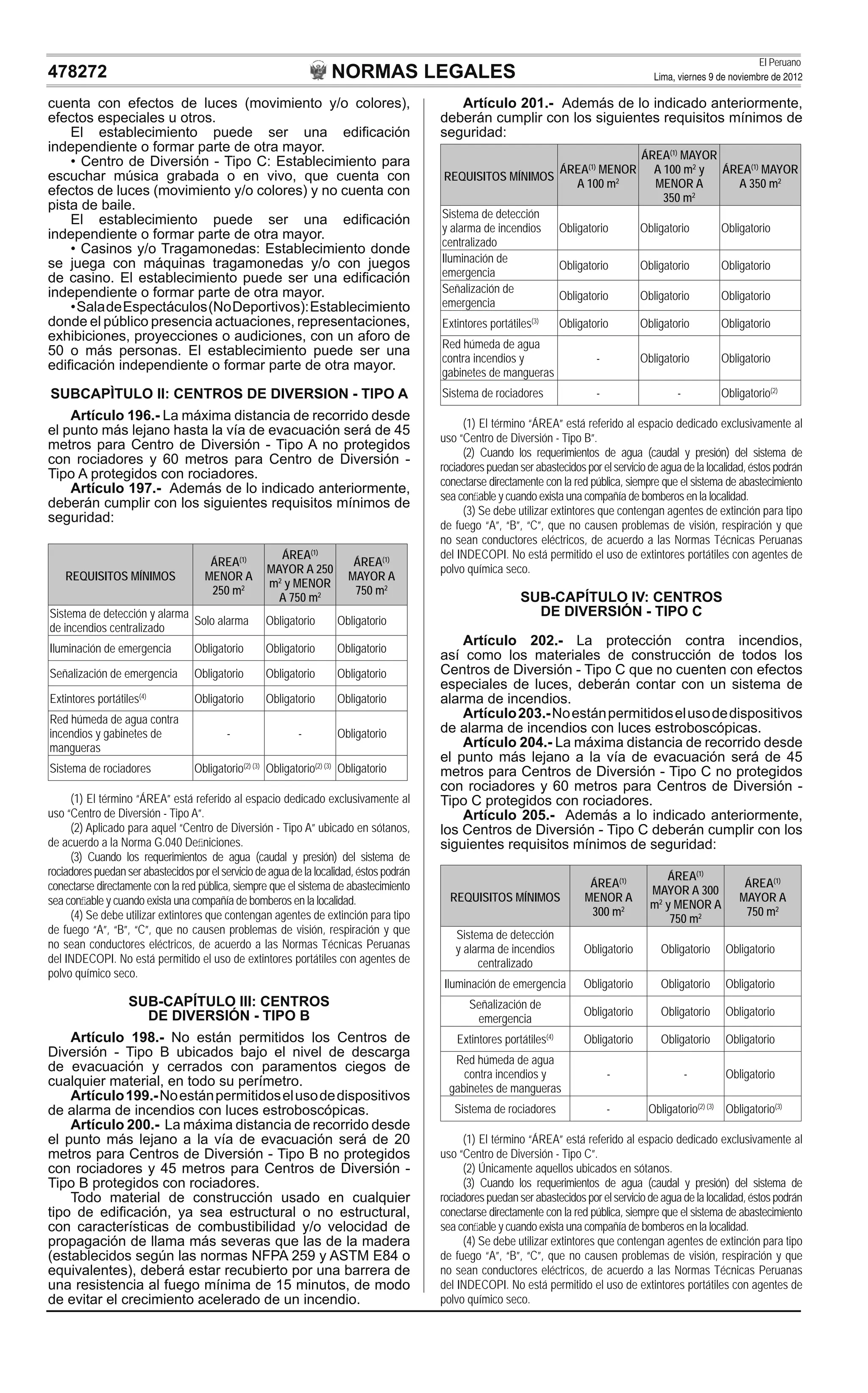 NORMAS LEGALES
El Peruano
Lima, viernes 9 de noviembre de 2012478272
cuenta con efectos de luces (movimiento y/o colores),
efectos especiales u otros.
El establecimiento puede ser una ediﬁcación
independiente o formar parte de otra mayor.
• Centro de Diversión - Tipo C: Establecimiento para
escuchar música grabada o en vivo, que cuenta con
efectos de luces (movimiento y/o colores) y no cuenta con
pista de baile.
El establecimiento puede ser una ediﬁcación
independiente o formar parte de otra mayor.
• Casinos y/o Tragamonedas: Establecimiento donde
se juega con máquinas tragamonedas y/o con juegos
de casino. El establecimiento puede ser una ediﬁcación
independiente o formar parte de otra mayor.
•SaladeEspectáculos(NoDeportivos):Establecimiento
donde el público presencia actuaciones, representaciones,
exhibiciones, proyecciones o audiciones, con un aforo de
50 o más personas. El establecimiento puede ser una
ediﬁcación independiente o formar parte de otra mayor.
SUBCAPÌTULO II: CENTROS DE DIVERSION - TIPO A
Artículo 196.- La máxima distancia de recorrido desde
el punto más lejano hasta la vía de evacuación será de 45
metros para Centro de Diversión - Tipo A no protegidos
con rociadores y 60 metros para Centro de Diversión -
Tipo A protegidos con rociadores.
Artículo 197.- Además de lo indicado anteriormente,
deberán cumplir con los siguientes requisitos mínimos de
seguridad:
REQUISITOS MÍNIMOS
ÁREA(1)
MENOR A
250 m2
ÁREA(1)
MAYOR A 250
m2
y MENOR
A 750 m2
ÁREA(1)
MAYOR A
750 m2
Sistema de detección y alarma
de incendios centralizado
Solo alarma Obligatorio Obligatorio
Iluminación de emergencia Obligatorio Obligatorio Obligatorio
Señalización de emergencia Obligatorio Obligatorio Obligatorio
Extintores portátiles(4)
Obligatorio Obligatorio Obligatorio
Red húmeda de agua contra
incendios y gabinetes de
mangueras
- - Obligatorio
Sistema de rociadores Obligatorio(2) (3)
Obligatorio(2) (3)
Obligatorio
(1) El término “ÁREA” está referido al espacio dedicado exclusivamente al
uso “Centro de Diversión - Tipo A”.
(2) Aplicado para aquel “Centro de Diversión - Tipo A” ubicado en sótanos,
de acuerdo a la Norma G.040 Deﬁniciones.
(3) Cuando los requerimientos de agua (caudal y presión) del sistema de
rociadores puedan ser abastecidos por el servicio de agua de la localidad, éstos podrán
conectarse directamente con la red pública, siempre que el sistema de abastecimiento
sea conﬁable y cuando exista una compañía de bomberos en la localidad.
(4) Se debe utilizar extintores que contengan agentes de extinción para tipo
de fuego “A”, “B”, “C”, que no causen problemas de visión, respiración y que
no sean conductores eléctricos, de acuerdo a las Normas Técnicas Peruanas
del INDECOPI. No está permitido el uso de extintores portátiles con agentes de
polvo químico seco.
SUB-CAPÍTULO III: CENTROS
DE DIVERSIÓN - TIPO B
Artículo 198.- No están permitidos los Centros de
Diversión - Tipo B ubicados bajo el nivel de descarga
de evacuación y cerrados con paramentos ciegos de
cualquier material, en todo su perímetro.
Artículo199.-Noestánpermitidoselusodedispositivos
de alarma de incendios con luces estroboscópicas.
Artículo 200.- La máxima distancia de recorrido desde
el punto más lejano a la vía de evacuación será de 20
metros para Centros de Diversión - Tipo B no protegidos
con rociadores y 45 metros para Centros de Diversión -
Tipo B protegidos con rociadores.
Todo material de construcción usado en cualquier
tipo de ediﬁcación, ya sea estructural o no estructural,
con características de combustibilidad y/o velocidad de
propagación de llama más severas que las de la madera
(establecidos según las normas NFPA 259 y ASTM E84 o
equivalentes), deberá estar recubierto por una barrera de
una resistencia al fuego mínima de 15 minutos, de modo
de evitar el crecimiento acelerado de un incendio.
Artículo 201.- Además de lo indicado anteriormente,
deberán cumplir con los siguientes requisitos mínimos de
seguridad:
REQUISITOS MÍNIMOS
ÁREA(1)
MENOR
A 100 m2
ÁREA(1)
MAYOR
A 100 m2
y
MENOR A
350 m2
ÁREA(1)
MAYOR
A 350 m2
Sistema de detección
y alarma de incendios
centralizado
Obligatorio Obligatorio Obligatorio
Iluminación de
emergencia
Obligatorio Obligatorio Obligatorio
Señalización de
emergencia
Obligatorio Obligatorio Obligatorio
Extintores portátiles(3)
Obligatorio Obligatorio Obligatorio
Red húmeda de agua
contra incendios y
gabinetes de mangueras
- Obligatorio Obligatorio
Sistema de rociadores - - Obligatorio(2)
(1) El término “ÁREA” está referido al espacio dedicado exclusivamente al
uso “Centro de Diversión - Tipo B”.
(2) Cuando los requerimientos de agua (caudal y presión) del sistema de
rociadores puedan ser abastecidos por el servicio de agua de la localidad, éstos podrán
conectarse directamente con la red pública, siempre que el sistema de abastecimiento
sea conﬁable y cuando exista una compañía de bomberos en la localidad.
(3) Se debe utilizar extintores que contengan agentes de extinción para tipo
de fuego “A”, “B”, “C”, que no causen problemas de visión, respiración y que
no sean conductores eléctricos, de acuerdo a las Normas Técnicas Peruanas
del INDECOPI. No está permitido el uso de extintores portátiles con agentes de
polvo química seco.
SUB-CAPÍTULO IV: CENTROS
DE DIVERSIÓN - TIPO C
Artículo 202.- La protección contra incendios,
así como los materiales de construcción de todos los
Centros de Diversión - Tipo C que no cuenten con efectos
especiales de luces, deberán contar con un sistema de
alarma de incendios.
Artículo203.-Noestánpermitidoselusodedispositivos
de alarma de incendios con luces estroboscópicas.
Artículo 204.- La máxima distancia de recorrido desde
el punto más lejano a la vía de evacuación será de 45
metros para Centros de Diversión - Tipo C no protegidos
con rociadores y 60 metros para Centros de Diversión -
Tipo C protegidos con rociadores.
Artículo 205.- Además a lo indicado anteriormente,
los Centros de Diversión - Tipo C deberán cumplir con los
siguientes requisitos mínimos de seguridad:
REQUISITOS MÍNIMOS
ÁREA(1)
MENOR A
300 m2
ÁREA(1)
MAYOR A 300
m2
y MENOR A
750 m2
ÁREA(1)
MAYOR A
750 m2
Sistema de detección
y alarma de incendios
centralizado
Obligatorio Obligatorio Obligatorio
Iluminación de emergencia Obligatorio Obligatorio Obligatorio
Señalización de
emergencia
Obligatorio Obligatorio Obligatorio
Extintores portátiles(4)
Obligatorio Obligatorio Obligatorio
Red húmeda de agua
contra incendios y
gabinetes de mangueras
- - Obligatorio
Sistema de rociadores - Obligatorio(2) (3)
Obligatorio(3)
(1) El término “ÁREA” está referido al espacio dedicado exclusivamente al
uso “Centro de Diversión - Tipo C”.
(2) Únicamente aquellos ubicados en sótanos.
(3) Cuando los requerimientos de agua (caudal y presión) del sistema de
rociadores puedan ser abastecidos por el servicio de agua de la localidad, éstos podrán
conectarse directamente con la red pública, siempre que el sistema de abastecimiento
sea conﬁable y cuando exista una compañía de bomberos en la localidad.
(4) Se debe utilizar extintores que contengan agentes de extinción para tipo
de fuego “A”, “B”, “C”, que no causen problemas de visión, respiración y que
no sean conductores eléctricos, de acuerdo a las Normas Técnicas Peruanas
del INDECOPI. No está permitido el uso de extintores portátiles con agentes de
polvo químico seco.
 