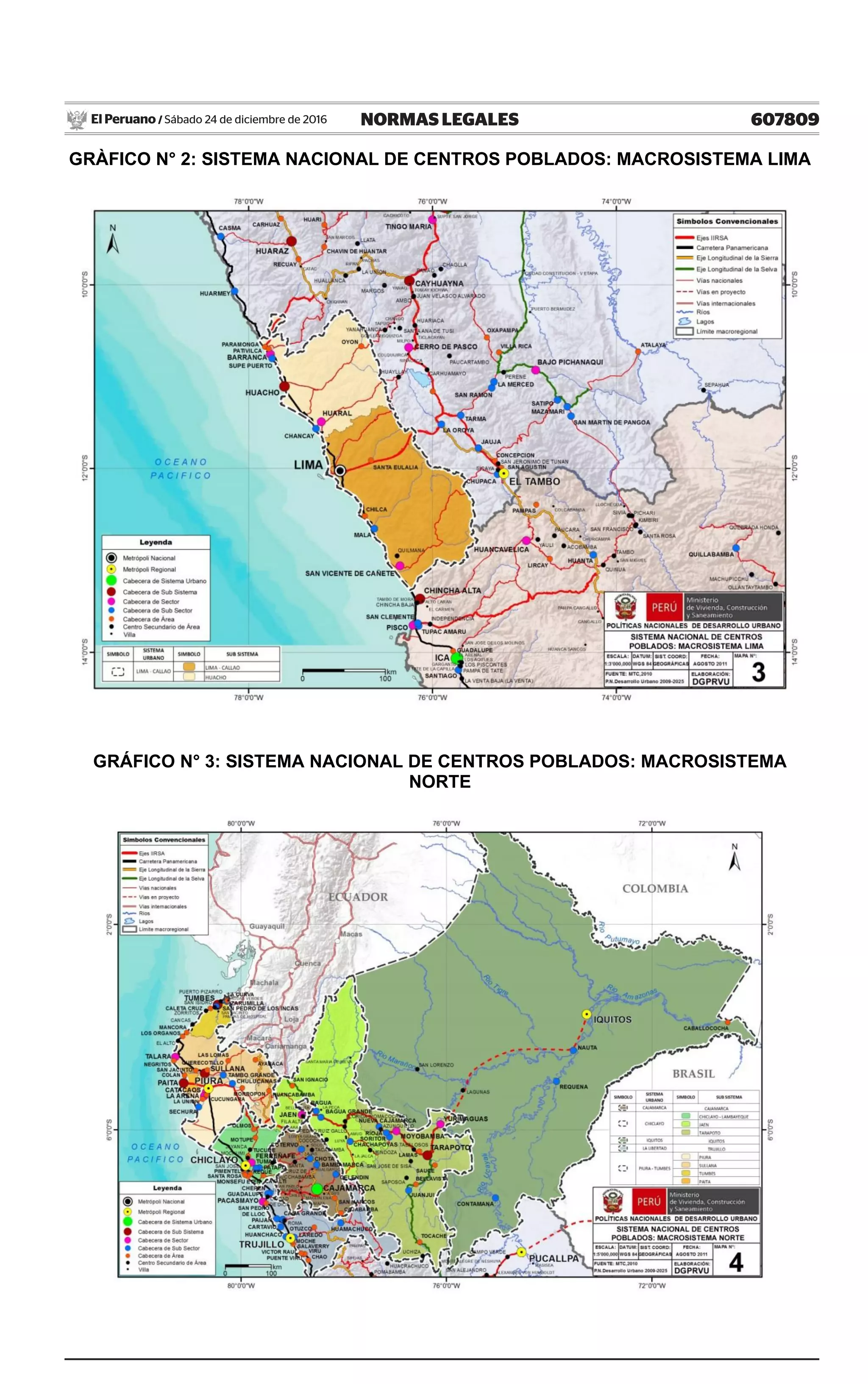 607809NORMAS LEGALESSábado 24 de diciembre de 2016El Peruano /
GRÀFICO N° 2: SISTEMA NACIONAL DE CENTROS POBLADOS: MACROSISTEMA LIMA
GRÁFICO N° 3: SISTEMA NACIONAL DE CENTROS POBLADOS: MACROSISTEMA
NORTE
 