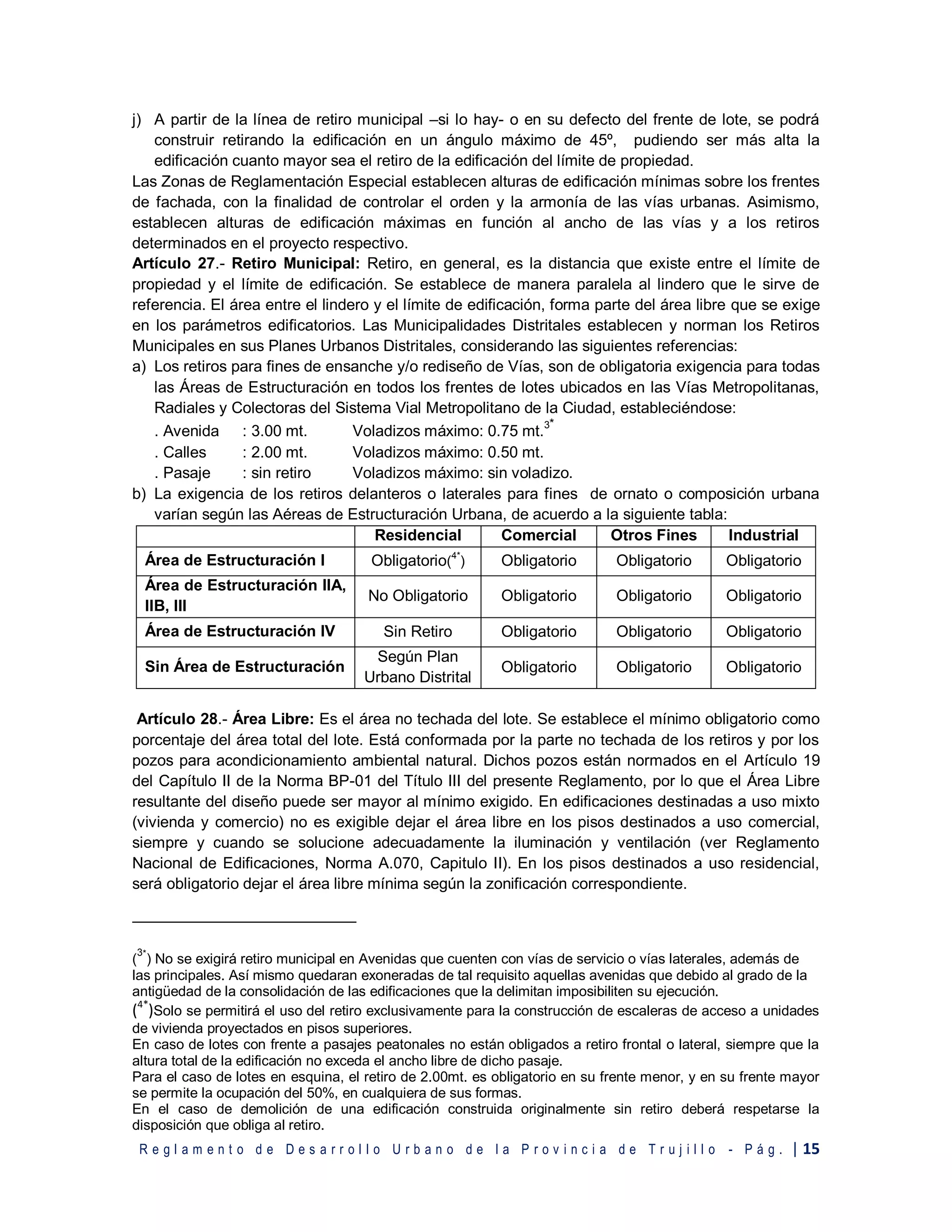 R e g l a m e n t o d e D e s a r r o l l o U r b a n o d e l a P r o v i n c i a d e T r u j i l l o - P á g . | 15
j) A partir de la línea de retiro municipal –si lo hay- o en su defecto del frente de lote, se podrá
construir retirando la edificación en un ángulo máximo de 45º, pudiendo ser más alta la
edificación cuanto mayor sea el retiro de la edificación del límite de propiedad.
Las Zonas de Reglamentación Especial establecen alturas de edificación mínimas sobre los frentes
de fachada, con la finalidad de controlar el orden y la armonía de las vías urbanas. Asimismo,
establecen alturas de edificación máximas en función al ancho de las vías y a los retiros
determinados en el proyecto respectivo.
Artículo 27.- Retiro Municipal: Retiro, en general, es la distancia que existe entre el límite de
propiedad y el límite de edificación. Se establece de manera paralela al lindero que le sirve de
referencia. El área entre el lindero y el límite de edificación, forma parte del área libre que se exige
en los parámetros edificatorios. Las Municipalidades Distritales establecen y norman los Retiros
Municipales en sus Planes Urbanos Distritales, considerando las siguientes referencias:
a) Los retiros para fines de ensanche y/o rediseño de Vías, son de obligatoria exigencia para todas
las Áreas de Estructuración en todos los frentes de lotes ubicados en las Vías Metropolitanas,
Radiales y Colectoras del Sistema Vial Metropolitano de la Ciudad, estableciéndose:
. Avenida : 3.00 mt. Voladizos máximo: 0.75 mt.3*
. Calles : 2.00 mt. Voladizos máximo: 0.50 mt.
. Pasaje : sin retiro Voladizos máximo: sin voladizo.
b) La exigencia de los retiros delanteros o laterales para fines de ornato o composición urbana
varían según las Aéreas de Estructuración Urbana, de acuerdo a la siguiente tabla:
Residencial Comercial Otros Fines Industrial
Área de Estructuración I Obligatorio(
4*
) Obligatorio Obligatorio Obligatorio
Área de Estructuración IIA,
IIB, III
No Obligatorio Obligatorio Obligatorio Obligatorio
Área de Estructuración IV Sin Retiro Obligatorio Obligatorio Obligatorio
Sin Área de Estructuración
Según Plan
Urbano Distrital
Obligatorio Obligatorio Obligatorio
Artículo 28.- Área Libre: Es el área no techada del lote. Se establece el mínimo obligatorio como
porcentaje del área total del lote. Está conformada por la parte no techada de los retiros y por los
pozos para acondicionamiento ambiental natural. Dichos pozos están normados en el Artículo 19
del Capítulo II de la Norma BP-01 del Título III del presente Reglamento, por lo que el Área Libre
resultante del diseño puede ser mayor al mínimo exigido. En edificaciones destinadas a uso mixto
(vivienda y comercio) no es exigible dejar el área libre en los pisos destinados a uso comercial,
siempre y cuando se solucione adecuadamente la iluminación y ventilación (ver Reglamento
Nacional de Edificaciones, Norma A.070, Capitulo II). En los pisos destinados a uso residencial,
será obligatorio dejar el área libre mínima según la zonificación correspondiente.
(
3*
) No se exigirá retiro municipal en Avenidas que cuenten con vías de servicio o vías laterales, además de
las principales. Así mismo quedaran exoneradas de tal requisito aquellas avenidas que debido al grado de la
antigüedad de la consolidación de las edificaciones que la delimitan imposibiliten su ejecución.
(4*
)Solo se permitirá el uso del retiro exclusivamente para la construcción de escaleras de acceso a unidades
de vivienda proyectados en pisos superiores.
En caso de lotes con frente a pasajes peatonales no están obligados a retiro frontal o lateral, siempre que la
altura total de la edificación no exceda el ancho libre de dicho pasaje.
Para el caso de lotes en esquina, el retiro de 2.00mt. es obligatorio en su frente menor, y en su frente mayor
se permite la ocupación del 50%, en cualquiera de sus formas.
En el caso de demolición de una edificación construida originalmente sin retiro deberá respetarse la
disposición que obliga al retiro.
 