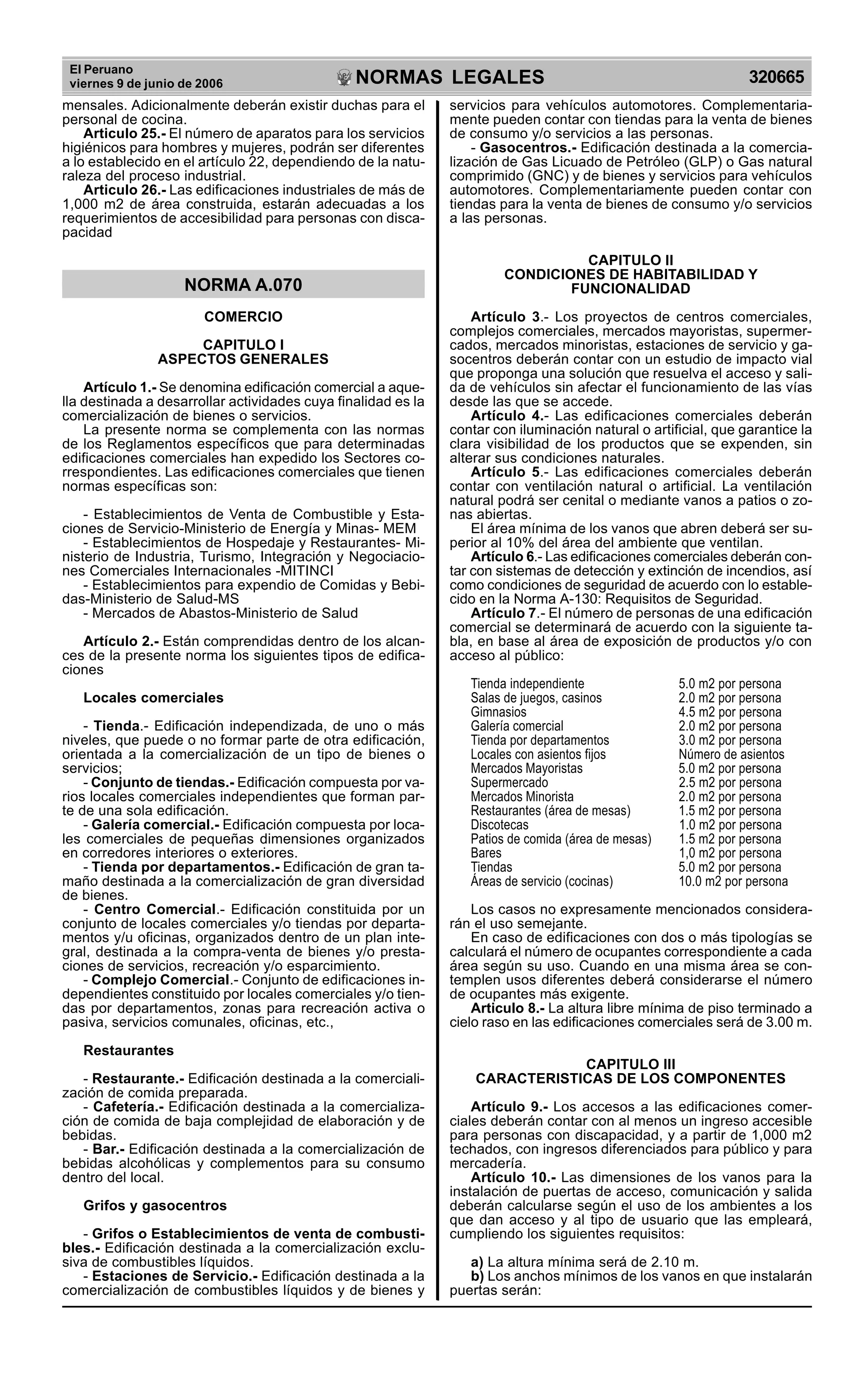 El Peruano
viernes 9 de junio de 2006 320665NORMAS LEGALES
R
EPUBLICA DEL PER
U
mensales. Adicionalmente deberán existir duchas para el
personal de cocina.
Articulo 25.- El número de aparatos para los servicios
higiénicos para hombres y mujeres, podrán ser diferentes
a lo establecido en el artículo 22, dependiendo de la natu-
raleza del proceso industrial.
Articulo 26.- Las edificaciones industriales de más de
1,000 m2 de área construida, estarán adecuadas a los
requerimientos de accesibilidad para personas con disca-
pacidad
NORMA A.070
COMERCIO
CAPITULO I
ASPECTOS GENERALES
Artículo 1.- Se denomina edificación comercial a aque-
lla destinada a desarrollar actividades cuya finalidad es la
comercialización de bienes o servicios.
La presente norma se complementa con las normas
de los Reglamentos específicos que para determinadas
edificaciones comerciales han expedido los Sectores co-
rrespondientes. Las edificaciones comerciales que tienen
normas específicas son:
- Establecimientos de Venta de Combustible y Esta-
ciones de Servicio-Ministerio de Energía y Minas- MEM
- Establecimientos de Hospedaje y Restaurantes- Mi-
nisterio de Industria, Turismo, Integración y Negociacio-
nes Comerciales Internacionales -MITINCI
- Establecimientos para expendio de Comidas y Bebi-
das-Ministerio de Salud-MS
- Mercados de Abastos-Ministerio de Salud
Artículo 2.- Están comprendidas dentro de los alcan-
ces de la presente norma los siguientes tipos de edifica-
ciones
Locales comerciales
- Tienda.- Edificación independizada, de uno o más
niveles, que puede o no formar parte de otra edificación,
orientada a la comercialización de un tipo de bienes o
servicios;
- Conjunto de tiendas.- Edificación compuesta por va-
rios locales comerciales independientes que forman par-
te de una sola edificación.
- Galería comercial.- Edificación compuesta por loca-
les comerciales de pequeñas dimensiones organizados
en corredores interiores o exteriores.
- Tienda por departamentos.- Edificación de gran ta-
maño destinada a la comercialización de gran diversidad
de bienes.
- Centro Comercial.- Edificación constituida por un
conjunto de locales comerciales y/o tiendas por departa-
mentos y/u oficinas, organizados dentro de un plan inte-
gral, destinada a la compra-venta de bienes y/o presta-
ciones de servicios, recreación y/o esparcimiento.
- Complejo Comercial.- Conjunto de edificaciones in-
dependientes constituido por locales comerciales y/o tien-
das por departamentos, zonas para recreación activa o
pasiva, servicios comunales, oficinas, etc.,
Restaurantes
- Restaurante.- Edificación destinada a la comerciali-
zación de comida preparada.
- Cafetería.- Edificación destinada a la comercializa-
ción de comida de baja complejidad de elaboración y de
bebidas.
- Bar.- Edificación destinada a la comercialización de
bebidas alcohólicas y complementos para su consumo
dentro del local.
Grifos y gasocentros
- Grifos o Establecimientos de venta de combusti-
bles.- Edificación destinada a la comercialización exclu-
siva de combustibles líquidos.
- Estaciones de Servicio.- Edificación destinada a la
comercialización de combustibles líquidos y de bienes y
servicios para vehículos automotores. Complementaria-
mente pueden contar con tiendas para la venta de bienes
de consumo y/o servicios a las personas.
- Gasocentros.- Edificación destinada a la comercia-
lización de Gas Licuado de Petróleo (GLP) o Gas natural
comprimido (GNC) y de bienes y servicios para vehículos
automotores. Complementariamente pueden contar con
tiendas para la venta de bienes de consumo y/o servicios
a las personas.
CAPITULO II
CONDICIONES DE HABITABILIDAD Y
FUNCIONALIDAD
Artículo 3.- Los proyectos de centros comerciales,
complejos comerciales, mercados mayoristas, supermer-
cados, mercados minoristas, estaciones de servicio y ga-
socentros deberán contar con un estudio de impacto vial
que proponga una solución que resuelva el acceso y sali-
da de vehículos sin afectar el funcionamiento de las vías
desde las que se accede.
Artículo 4.- Las edificaciones comerciales deberán
contar con iluminación natural o artificial, que garantice la
clara visibilidad de los productos que se expenden, sin
alterar sus condiciones naturales.
Artículo 5.- Las edificaciones comerciales deberán
contar con ventilación natural o artificial. La ventilación
natural podrá ser cenital o mediante vanos a patios o zo-
nas abiertas.
El área mínima de los vanos que abren deberá ser su-
perior al 10% del área del ambiente que ventilan.
Artículo 6.- Las edificaciones comerciales deberán con-
tar con sistemas de detección y extinción de incendios, así
como condiciones de seguridad de acuerdo con lo estable-
cido en la Norma A-130: Requisitos de Seguridad.
Artículo 7.- El número de personas de una edificación
comercial se determinará de acuerdo con la siguiente ta-
bla, en base al área de exposición de productos y/o con
acceso al público:
Tienda independiente 5.0 m2 por persona
Salas de juegos, casinos 2.0 m2 por persona
Gimnasios 4.5 m2 por persona
Galería comercial 2.0 m2 por persona
Tienda por departamentos 3.0 m2 por persona
Locales con asientos fijos Número de asientos
Mercados Mayoristas 5.0 m2 por persona
Supermercado 2.5 m2 por persona
Mercados Minorista 2.0 m2 por persona
Restaurantes (área de mesas) 1.5 m2 por persona
Discotecas 1.0 m2 por persona
Patios de comida (área de mesas) 1.5 m2 por persona
Bares 1,0 m2 por persona
Tiendas 5.0 m2 por persona
Áreas de servicio (cocinas) 10.0 m2 por persona
Los casos no expresamente mencionados considera-
rán el uso semejante.
En caso de edificaciones con dos o más tipologías se
calculará el número de ocupantes correspondiente a cada
área según su uso. Cuando en una misma área se con-
templen usos diferentes deberá considerarse el número
de ocupantes más exigente.
Articulo 8.- La altura libre mínima de piso terminado a
cielo raso en las edificaciones comerciales será de 3.00 m.
CAPITULO III
CARACTERISTICAS DE LOS COMPONENTES
Artículo 9.- Los accesos a las edificaciones comer-
ciales deberán contar con al menos un ingreso accesible
para personas con discapacidad, y a partir de 1,000 m2
techados, con ingresos diferenciados para público y para
mercadería.
Artículo 10.- Las dimensiones de los vanos para la
instalación de puertas de acceso, comunicación y salida
deberán calcularse según el uso de los ambientes a los
que dan acceso y al tipo de usuario que las empleará,
cumpliendo los siguientes requisitos:
a) La altura mínima será de 2.10 m.
b) Los anchos mínimos de los vanos en que instalarán
puertas serán:
 