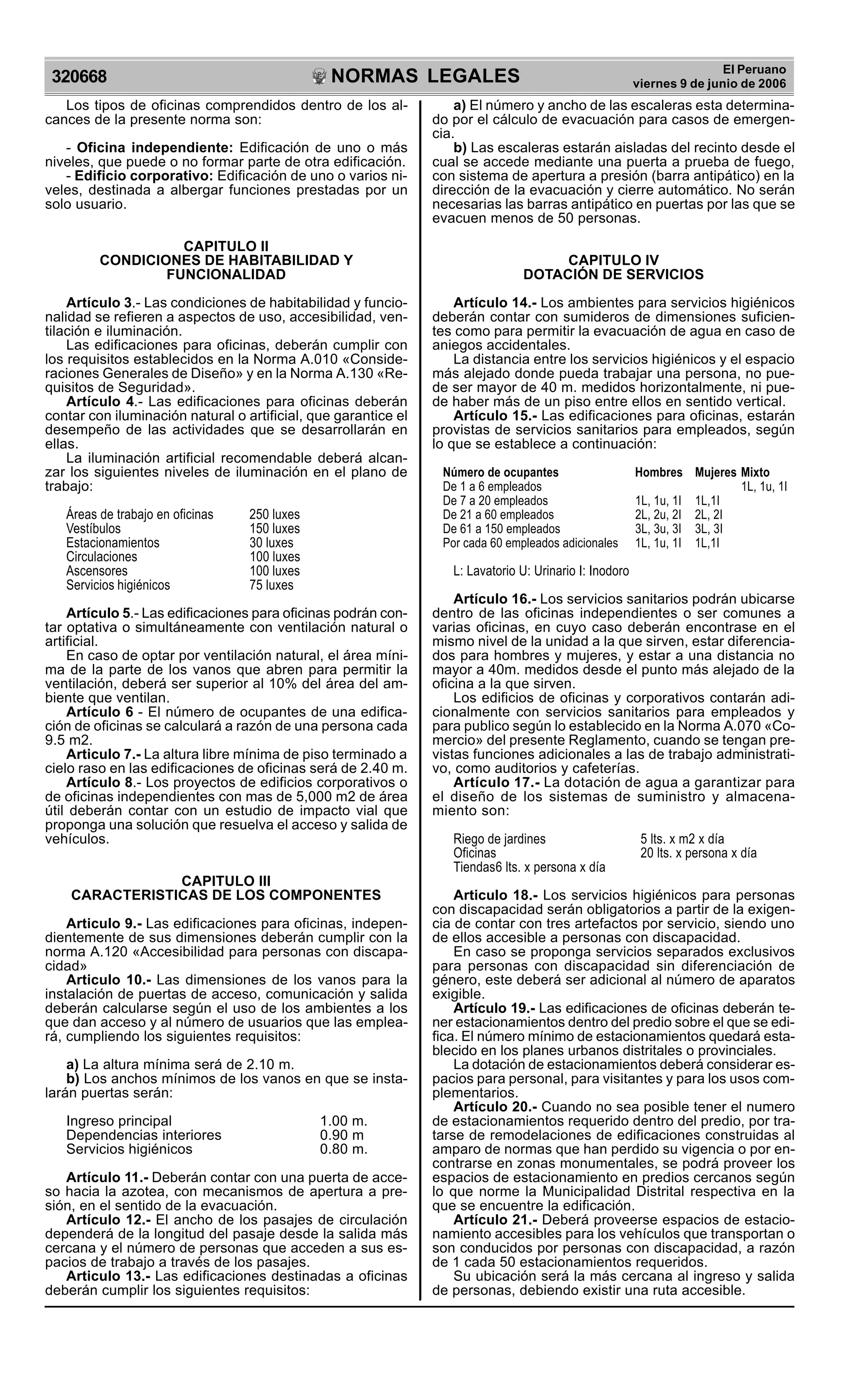 NORMAS LEGALES
R
EPUBLICA DEL PER
U
320668
El Peruano
viernes 9 de junio de 2006
Los tipos de oficinas comprendidos dentro de los al-
cances de la presente norma son:
- Oficina independiente: Edificación de uno o más
niveles, que puede o no formar parte de otra edificación.
- Edificio corporativo: Edificación de uno o varios ni-
veles, destinada a albergar funciones prestadas por un
solo usuario.
CAPITULO II
CONDICIONES DE HABITABILIDAD Y
FUNCIONALIDAD
Artículo 3.- Las condiciones de habitabilidad y funcio-
nalidad se refieren a aspectos de uso, accesibilidad, ven-
tilación e iluminación.
Las edificaciones para oficinas, deberán cumplir con
los requisitos establecidos en la Norma A.010 «Conside-
raciones Generales de Diseño» y en la Norma A.130 «Re-
quisitos de Seguridad».
Artículo 4.- Las edificaciones para oficinas deberán
contar con iluminación natural o artificial, que garantice el
desempeño de las actividades que se desarrollarán en
ellas.
La iluminación artificial recomendable deberá alcan-
zar los siguientes niveles de iluminación en el plano de
trabajo:
Áreas de trabajo en oficinas 250 luxes
Vestíbulos 150 luxes
Estacionamientos 30 luxes
Circulaciones 100 luxes
Ascensores 100 luxes
Servicios higiénicos 75 luxes
Artículo 5.- Las edificaciones para oficinas podrán con-
tar optativa o simultáneamente con ventilación natural o
artificial.
En caso de optar por ventilación natural, el área míni-
ma de la parte de los vanos que abren para permitir la
ventilación, deberá ser superior al 10% del área del am-
biente que ventilan.
Artículo 6 - El número de ocupantes de una edifica-
ción de oficinas se calculará a razón de una persona cada
9.5 m2.
Articulo 7.- La altura libre mínima de piso terminado a
cielo raso en las edificaciones de oficinas será de 2.40 m.
Artículo 8.- Los proyectos de edificios corporativos o
de oficinas independientes con mas de 5,000 m2 de área
útil deberán contar con un estudio de impacto vial que
proponga una solución que resuelva el acceso y salida de
vehículos.
CAPITULO III
CARACTERISTICAS DE LOS COMPONENTES
Articulo 9.- Las edificaciones para oficinas, indepen-
dientemente de sus dimensiones deberán cumplir con la
norma A.120 «Accesibilidad para personas con discapa-
cidad»
Articulo 10.- Las dimensiones de los vanos para la
instalación de puertas de acceso, comunicación y salida
deberán calcularse según el uso de los ambientes a los
que dan acceso y al número de usuarios que las emplea-
rá, cumpliendo los siguientes requisitos:
a) La altura mínima será de 2.10 m.
b) Los anchos mínimos de los vanos en que se insta-
larán puertas serán:
Ingreso principal 1.00 m.
Dependencias interiores 0.90 m
Servicios higiénicos 0.80 m.
Artículo 11.- Deberán contar con una puerta de acce-
so hacia la azotea, con mecanismos de apertura a pre-
sión, en el sentido de la evacuación.
Artículo 12.- El ancho de los pasajes de circulación
dependerá de la longitud del pasaje desde la salida más
cercana y el número de personas que acceden a sus es-
pacios de trabajo a través de los pasajes.
Articulo 13.- Las edificaciones destinadas a oficinas
deberán cumplir los siguientes requisitos:
a) El número y ancho de las escaleras esta determina-
do por el cálculo de evacuación para casos de emergen-
cia.
b) Las escaleras estarán aisladas del recinto desde el
cual se accede mediante una puerta a prueba de fuego,
con sistema de apertura a presión (barra antipático) en la
dirección de la evacuación y cierre automático. No serán
necesarias las barras antipático en puertas por las que se
evacuen menos de 50 personas.
CAPITULO IV
DOTACIÓN DE SERVICIOS
Artículo 14.- Los ambientes para servicios higiénicos
deberán contar con sumideros de dimensiones suficien-
tes como para permitir la evacuación de agua en caso de
aniegos accidentales.
La distancia entre los servicios higiénicos y el espacio
más alejado donde pueda trabajar una persona, no pue-
de ser mayor de 40 m. medidos horizontalmente, ni pue-
de haber más de un piso entre ellos en sentido vertical.
Artículo 15.- Las edificaciones para oficinas, estarán
provistas de servicios sanitarios para empleados, según
lo que se establece a continuación:
Número de ocupantes Hombres Mujeres Mixto
De 1 a 6 empleados 1L, 1u, 1I
De 7 a 20 empleados 1L, 1u, 1I 1L,1I
De 21 a 60 empleados 2L, 2u, 2I 2L, 2I
De 61 a 150 empleados 3L, 3u, 3I 3L, 3I
Por cada 60 empleados adicionales 1L, 1u, 1I 1L,1I
L: Lavatorio U: Urinario I: Inodoro
Artículo 16.- Los servicios sanitarios podrán ubicarse
dentro de las oficinas independientes o ser comunes a
varias oficinas, en cuyo caso deberán encontrase en el
mismo nivel de la unidad a la que sirven, estar diferencia-
dos para hombres y mujeres, y estar a una distancia no
mayor a 40m. medidos desde el punto más alejado de la
oficina a la que sirven.
Los edificios de oficinas y corporativos contarán adi-
cionalmente con servicios sanitarios para empleados y
para publico según lo establecido en la Norma A.070 «Co-
mercio» del presente Reglamento, cuando se tengan pre-
vistas funciones adicionales a las de trabajo administrati-
vo, como auditorios y cafeterías.
Artículo 17.- La dotación de agua a garantizar para
el diseño de los sistemas de suministro y almacena-
miento son:
Riego de jardines 5 lts. x m2 x día
Oficinas 20 lts. x persona x día
Tiendas6 lts. x persona x día
Articulo 18.- Los servicios higiénicos para personas
con discapacidad serán obligatorios a partir de la exigen-
cia de contar con tres artefactos por servicio, siendo uno
de ellos accesible a personas con discapacidad.
En caso se proponga servicios separados exclusivos
para personas con discapacidad sin diferenciación de
género, este deberá ser adicional al número de aparatos
exigible.
Artículo 19.- Las edificaciones de oficinas deberán te-
ner estacionamientos dentro del predio sobre el que se edi-
fica. El número mínimo de estacionamientos quedará esta-
blecido en los planes urbanos distritales o provinciales.
La dotación de estacionamientos deberá considerar es-
pacios para personal, para visitantes y para los usos com-
plementarios.
Artículo 20.- Cuando no sea posible tener el numero
de estacionamientos requerido dentro del predio, por tra-
tarse de remodelaciones de edificaciones construidas al
amparo de normas que han perdido su vigencia o por en-
contrarse en zonas monumentales, se podrá proveer los
espacios de estacionamiento en predios cercanos según
lo que norme la Municipalidad Distrital respectiva en la
que se encuentre la edificación.
Artículo 21.- Deberá proveerse espacios de estacio-
namiento accesibles para los vehículos que transportan o
son conducidos por personas con discapacidad, a razón
de 1 cada 50 estacionamientos requeridos.
Su ubicación será la más cercana al ingreso y salida
de personas, debiendo existir una ruta accesible.
 