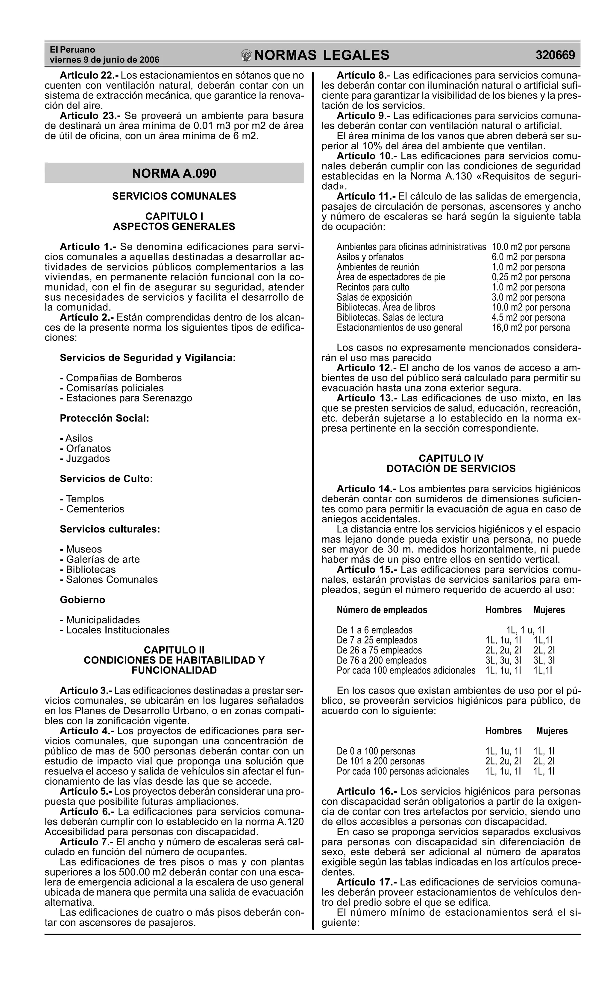 El Peruano
viernes 9 de junio de 2006 320669NORMAS LEGALES
R
EPUBLICA DEL PER
U
Articulo 22.- Los estacionamientos en sótanos que no
cuenten con ventilación natural, deberán contar con un
sistema de extracción mecánica, que garantice la renova-
ción del aire.
Articulo 23.- Se proveerá un ambiente para basura
de destinará un área mínima de 0.01 m3 por m2 de área
de útil de oficina, con un área mínima de 6 m2.
NORMA A.090
SERVICIOS COMUNALES
CAPITULO I
ASPECTOS GENERALES
Artículo 1.- Se denomina edificaciones para servi-
cios comunales a aquellas destinadas a desarrollar ac-
tividades de servicios públicos complementarios a las
viviendas, en permanente relación funcional con la co-
munidad, con el fin de asegurar su seguridad, atender
sus necesidades de servicios y facilita el desarrollo de
la comunidad.
Artículo 2.- Están comprendidas dentro de los alcan-
ces de la presente norma los siguientes tipos de edifica-
ciones:
Servicios de Seguridad y Vigilancia:
- Compañias de Bomberos
- Comisarías policiales
- Estaciones para Serenazgo
Protección Social:
- Asilos
- Orfanatos
- Juzgados
Servicios de Culto:
- Templos
- Cementerios
Servicios culturales:
- Museos
- Galerías de arte
- Bibliotecas
- Salones Comunales
Gobierno
- Municipalidades
- Locales Institucionales
CAPITULO II
CONDICIONES DE HABITABILIDAD Y
FUNCIONALIDAD
Artículo 3.- Las edificaciones destinadas a prestar ser-
vicios comunales, se ubicarán en los lugares señalados
en los Planes de Desarrollo Urbano, o en zonas compati-
bles con la zonificación vigente.
Artículo 4.- Los proyectos de edificaciones para ser-
vicios comunales, que supongan una concentración de
público de mas de 500 personas deberán contar con un
estudio de impacto vial que proponga una solución que
resuelva el acceso y salida de vehículos sin afectar el fun-
cionamiento de las vías desde las que se accede.
Artículo 5.- Los proyectos deberán considerar una pro-
puesta que posibilite futuras ampliaciones.
Artículo 6.- La edificaciones para servicios comuna-
les deberán cumplir con lo establecido en la norma A.120
Accesibilidad para personas con discapacidad.
Artículo 7.- El ancho y número de escaleras será cal-
culado en función del número de ocupantes.
Las edificaciones de tres pisos o mas y con plantas
superiores a los 500.00 m2 deberán contar con una esca-
lera de emergencia adicional a la escalera de uso general
ubicada de manera que permita una salida de evacuación
alternativa.
Las edificaciones de cuatro o más pisos deberán con-
tar con ascensores de pasajeros.
Artículo 8.- Las edificaciones para servicios comuna-
les deberán contar con iluminación natural o artificial sufi-
ciente para garantizar la visibilidad de los bienes y la pres-
tación de los servicios.
Artículo 9.- Las edificaciones para servicios comuna-
les deberán contar con ventilación natural o artificial.
El área mínima de los vanos que abren deberá ser su-
perior al 10% del área del ambiente que ventilan.
Artículo 10.- Las edificaciones para servicios comu-
nales deberán cumplir con las condiciones de seguridad
establecidas en la Norma A.130 «Requisitos de seguri-
dad».
Artículo 11.- El cálculo de las salidas de emergencia,
pasajes de circulación de personas, ascensores y ancho
y número de escaleras se hará según la siguiente tabla
de ocupación:
Ambientes para oficinas administrativas 10.0 m2 por persona
Asilos y orfanatos 6.0 m2 por persona
Ambientes de reunión 1.0 m2 por persona
Área de espectadores de pie 0,25 m2 por persona
Recintos para culto 1.0 m2 por persona
Salas de exposición 3.0 m2 por persona
Bibliotecas. Área de libros 10.0 m2 por persona
Bibliotecas. Salas de lectura 4.5 m2 por persona
Estacionamientos de uso general 16,0 m2 por persona
Los casos no expresamente mencionados considera-
rán el uso mas parecido
Articulo 12.- El ancho de los vanos de acceso a am-
bientes de uso del público será calculado para permitir su
evacuación hasta una zona exterior segura.
Artículo 13.- Las edificaciones de uso mixto, en las
que se presten servicios de salud, educación, recreación,
etc. deberán sujetarse a lo establecido en la norma ex-
presa pertinente en la sección correspondiente.
CAPITULO IV
DOTACIÓN DE SERVICIOS
Artículo 14.- Los ambientes para servicios higiénicos
deberán contar con sumideros de dimensiones suficien-
tes como para permitir la evacuación de agua en caso de
aniegos accidentales.
La distancia entre los servicios higiénicos y el espacio
mas lejano donde pueda existir una persona, no puede
ser mayor de 30 m. medidos horizontalmente, ni puede
haber más de un piso entre ellos en sentido vertical.
Artículo 15.- Las edificaciones para servicios comu-
nales, estarán provistas de servicios sanitarios para em-
pleados, según el número requerido de acuerdo al uso:
Número de empleados Hombres Mujeres
De 1 a 6 empleados 1L, 1 u, 1I
De 7 a 25 empleados 1L, 1u, 1I 1L,1I
De 26 a 75 empleados 2L, 2u, 2I 2L, 2I
De 76 a 200 empleados 3L, 3u, 3I 3L, 3I
Por cada 100 empleados adicionales 1L, 1u, 1I 1L,1I
En los casos que existan ambientes de uso por el pú-
blico, se proveerán servicios higiénicos para público, de
acuerdo con lo siguiente:
Hombres Mujeres
De 0 a 100 personas 1L, 1u, 1I 1L, 1I
De 101 a 200 personas 2L, 2u, 2I 2L, 2I
Por cada 100 personas adicionales 1L, 1u, 1I 1L, 1I
Articulo 16.- Los servicios higiénicos para personas
con discapacidad serán obligatorios a partir de la exigen-
cia de contar con tres artefactos por servicio, siendo uno
de ellos accesibles a personas con discapacidad.
En caso se proponga servicios separados exclusivos
para personas con discapacidad sin diferenciación de
sexo, este deberá ser adicional al número de aparatos
exigible según las tablas indicadas en los artículos prece-
dentes.
Artículo 17.- Las edificaciones de servicios comuna-
les deberán proveer estacionamientos de vehículos den-
tro del predio sobre el que se edifica.
El número mínimo de estacionamientos será el si-
guiente:
 