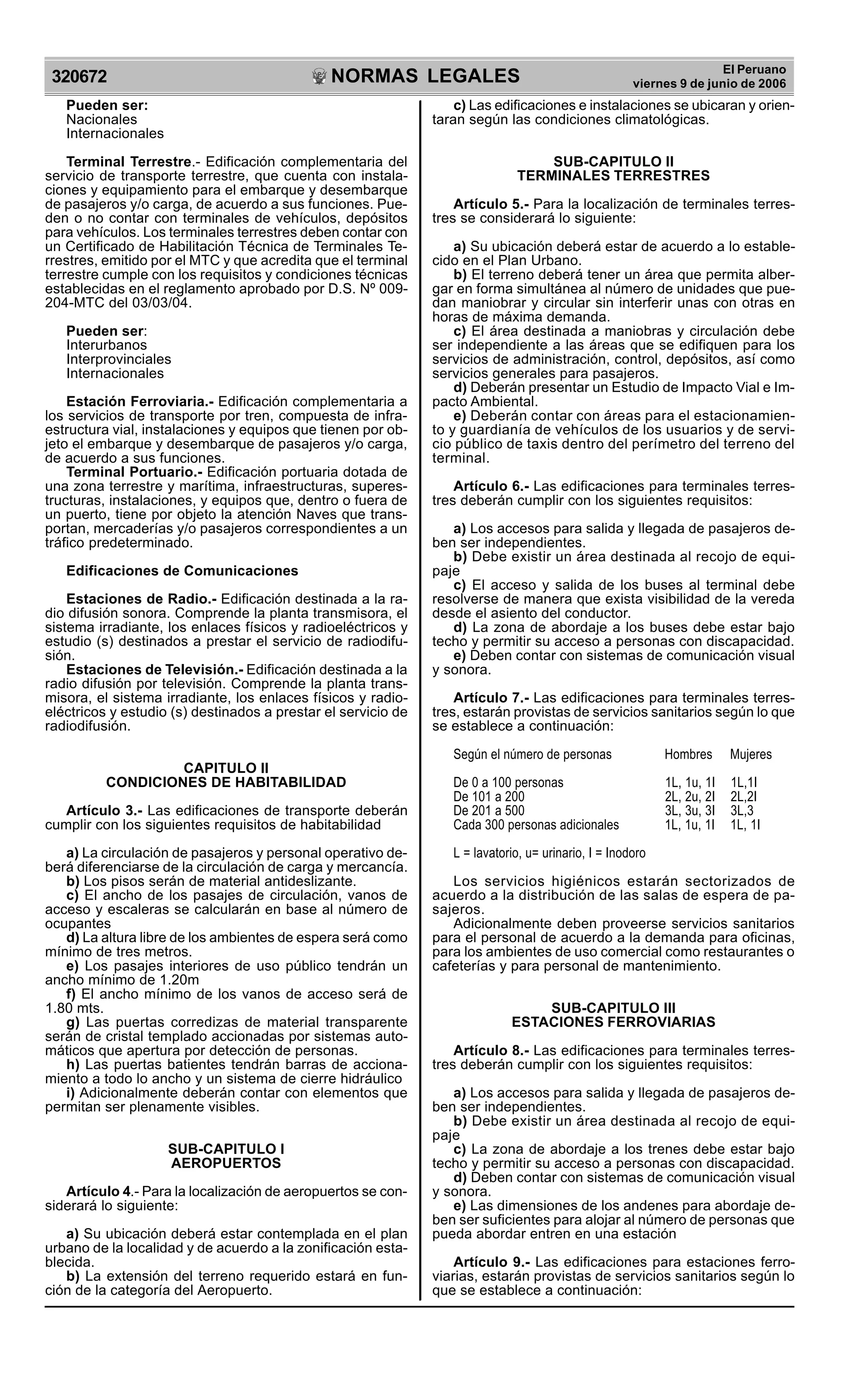 NORMAS LEGALES
R
EPUBLICA DEL PER
U
320672
El Peruano
viernes 9 de junio de 2006
Pueden ser:
Nacionales
Internacionales
Terminal Terrestre.- Edificación complementaria del
servicio de transporte terrestre, que cuenta con instala-
ciones y equipamiento para el embarque y desembarque
de pasajeros y/o carga, de acuerdo a sus funciones. Pue-
den o no contar con terminales de vehículos, depósitos
para vehículos. Los terminales terrestres deben contar con
un Certificado de Habilitación Técnica de Terminales Te-
rrestres, emitido por el MTC y que acredita que el terminal
terrestre cumple con los requisitos y condiciones técnicas
establecidas en el reglamento aprobado por D.S. Nº 009-
204-MTC del 03/03/04.
Pueden ser:
Interurbanos
Interprovinciales
Internacionales
Estación Ferroviaria.- Edificación complementaria a
los servicios de transporte por tren, compuesta de infra-
estructura vial, instalaciones y equipos que tienen por ob-
jeto el embarque y desembarque de pasajeros y/o carga,
de acuerdo a sus funciones.
Terminal Portuario.- Edificación portuaria dotada de
una zona terrestre y marítima, infraestructuras, superes-
tructuras, instalaciones, y equipos que, dentro o fuera de
un puerto, tiene por objeto la atención Naves que trans-
portan, mercaderías y/o pasajeros correspondientes a un
tráfico predeterminado.
Edificaciones de Comunicaciones
Estaciones de Radio.- Edificación destinada a la ra-
dio difusión sonora. Comprende la planta transmisora, el
sistema irradiante, los enlaces físicos y radioeléctricos y
estudio (s) destinados a prestar el servicio de radiodifu-
sión.
Estaciones de Televisión.- Edificación destinada a la
radio difusión por televisión. Comprende la planta trans-
misora, el sistema irradiante, los enlaces físicos y radio-
eléctricos y estudio (s) destinados a prestar el servicio de
radiodifusión.
CAPITULO II
CONDICIONES DE HABITABILIDAD
Artículo 3.- Las edificaciones de transporte deberán
cumplir con los siguientes requisitos de habitabilidad
a) La circulación de pasajeros y personal operativo de-
berá diferenciarse de la circulación de carga y mercancía.
b) Los pisos serán de material antideslizante.
c) El ancho de los pasajes de circulación, vanos de
acceso y escaleras se calcularán en base al número de
ocupantes
d) La altura libre de los ambientes de espera será como
mínimo de tres metros.
e) Los pasajes interiores de uso público tendrán un
ancho mínimo de 1.20m
f) El ancho mínimo de los vanos de acceso será de
1.80 mts.
g) Las puertas corredizas de material transparente
serán de cristal templado accionadas por sistemas auto-
máticos que apertura por detección de personas.
h) Las puertas batientes tendrán barras de acciona-
miento a todo lo ancho y un sistema de cierre hidráulico
i) Adicionalmente deberán contar con elementos que
permitan ser plenamente visibles.
SUB-CAPITULO I
AEROPUERTOS
Artículo 4.- Para la localización de aeropuertos se con-
siderará lo siguiente:
a) Su ubicación deberá estar contemplada en el plan
urbano de la localidad y de acuerdo a la zonificación esta-
blecida.
b) La extensión del terreno requerido estará en fun-
ción de la categoría del Aeropuerto.
c) Las edificaciones e instalaciones se ubicaran y orien-
taran según las condiciones climatológicas.
SUB-CAPITULO II
TERMINALES TERRESTRES
Artículo 5.- Para la localización de terminales terres-
tres se considerará lo siguiente:
a) Su ubicación deberá estar de acuerdo a lo estable-
cido en el Plan Urbano.
b) El terreno deberá tener un área que permita alber-
gar en forma simultánea al número de unidades que pue-
dan maniobrar y circular sin interferir unas con otras en
horas de máxima demanda.
c) El área destinada a maniobras y circulación debe
ser independiente a las áreas que se edifiquen para los
servicios de administración, control, depósitos, así como
servicios generales para pasajeros.
d) Deberán presentar un Estudio de Impacto Vial e Im-
pacto Ambiental.
e) Deberán contar con áreas para el estacionamien-
to y guardianía de vehículos de los usuarios y de servi-
cio público de taxis dentro del perímetro del terreno del
terminal.
Artículo 6.- Las edificaciones para terminales terres-
tres deberán cumplir con los siguientes requisitos:
a) Los accesos para salida y llegada de pasajeros de-
ben ser independientes.
b) Debe existir un área destinada al recojo de equi-
paje
c) El acceso y salida de los buses al terminal debe
resolverse de manera que exista visibilidad de la vereda
desde el asiento del conductor.
d) La zona de abordaje a los buses debe estar bajo
techo y permitir su acceso a personas con discapacidad.
e) Deben contar con sistemas de comunicación visual
y sonora.
Artículo 7.- Las edificaciones para terminales terres-
tres, estarán provistas de servicios sanitarios según lo que
se establece a continuación:
Según el número de personas Hombres Mujeres
De 0 a 100 personas 1L, 1u, 1I 1L,1I
De 101 a 200 2L, 2u, 2I 2L,2I
De 201 a 500 3L, 3u, 3I 3L,3
Cada 300 personas adicionales 1L, 1u, 1I 1L, 1I
L = lavatorio, u= urinario, I = Inodoro
Los servicios higiénicos estarán sectorizados de
acuerdo a la distribución de las salas de espera de pa-
sajeros.
Adicionalmente deben proveerse servicios sanitarios
para el personal de acuerdo a la demanda para oficinas,
para los ambientes de uso comercial como restaurantes o
cafeterías y para personal de mantenimiento.
SUB-CAPITULO III
ESTACIONES FERROVIARIAS
Artículo 8.- Las edificaciones para terminales terres-
tres deberán cumplir con los siguientes requisitos:
a) Los accesos para salida y llegada de pasajeros de-
ben ser independientes.
b) Debe existir un área destinada al recojo de equi-
paje
c) La zona de abordaje a los trenes debe estar bajo
techo y permitir su acceso a personas con discapacidad.
d) Deben contar con sistemas de comunicación visual
y sonora.
e) Las dimensiones de los andenes para abordaje de-
ben ser suficientes para alojar al número de personas que
pueda abordar entren en una estación
Artículo 9.- Las edificaciones para estaciones ferro-
viarias, estarán provistas de servicios sanitarios según lo
que se establece a continuación:
 