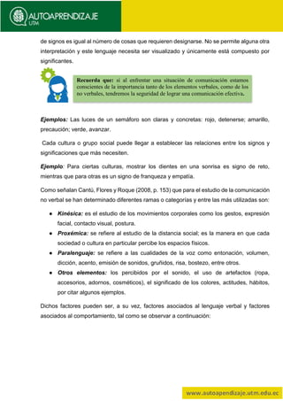 de signos es igual al número de cosas que requieren designarse. No se permite alguna otra
interpretación y este lenguaje necesita ser visualizado y únicamente está compuesto por
significantes.
Ejemplos: Las luces de un semáforo son claras y concretas: rojo, detenerse; amarillo,
precaución; verde, avanzar.
Cada cultura o grupo social puede llegar a establecer las relaciones entre los signos y
significaciones que más necesiten.
Ejemplo: Para ciertas culturas, mostrar los dientes en una sonrisa es signo de reto,
mientras que para otras es un signo de franqueza y empatía.
Como señalan Cantú, Flores y Roque (2008, p. 153) que para el estudio de la comunicación
no verbal se han determinado diferentes ramas o categorías y entre las más utilizadas son:
● Kinésica: es el estudio de los movimientos corporales como los gestos, expresión
facial, contacto visual, postura.
● Proxémica: se refiere al estudio de la distancia social; es la manera en que cada
sociedad o cultura en particular percibe los espacios físicos.
● Paralenguaje: se refiere a las cualidades de la voz como entonación, volumen,
dicción, acento, emisión de sonidos, gruñidos, risa, bostezo, entre otros.
● Otros elementos: los percibidos por el sonido, el uso de artefactos (ropa,
accesorios, adornos, cosméticos), el significado de los colores, actitudes, hábitos,
por citar algunos ejemplos.
Dichos factores pueden ser, a su vez, factores asociados al lenguaje verbal y factores
asociados al comportamiento, tal como se observar a continuación:
Recuerda que: si al enfrentar una situación de comunicación estamos
conscientes de la importancia tanto de los elementos verbales, como de los
no verbales, tendremos la seguridad de lograr una comunicación efectiva.
 