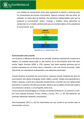 Los modelos de comunicación sirven para representar la relación y dinámica entre
los componentes del proceso comunicativo. Algunos muestran más que otros; sin
embargo, en todos ellos se destacan tres elementos indispensables para que se
produzca la comunicación: emisor, mensaje y receptor. Estos elementos se
representan en un modelo unidireccional que se considera básico en los estudios de
la comunicación. (p.6)
Adaptado por Lic. Claudia Suasti, Mg.
Comunicación oral y escrita
Los humanos, a diferencia del resto de los animales, podemos expresarnos a través de la
palabra. La sociedad actual exige un alto dominio de la comunicación tanto oral como
escrita. Según Guerrero (2008, p. 370), expresa “que todas aquellas personas que no
puedan expresarse de una forma clara y coherente, y con una mínima corrección, están
reduciendo sus expectativas profesionales y sus relaciones personales”.
Cuando tenemos el propósito de comunicarnos, logramos hacerlo mediante dos tipos de
comunicación que utilizan el lenguaje verbal: hablar y escribir. Desde niños aprendemos a
hablar y después, a partir de la educación escolar formal, a escribir; por eso, hablar puede
parecernos un proceso más fácil que escribir, debido a que la palabra escrita está sujeta a
una estructura o sintaxis, a una ortografía, entre otros.
La comunicación oral está ligada a un tiempo, es siempre dinámica en un continuo ir y venir.
Así como expresa (Fonseca, Correa, Pineda y Lemus, 2011, p. 29) “Normalmente, las
personas interactúan hablando y escuchando”.
Para Escarpanter (2013, p. 20) los instrumentos con que cuenta el ser humano para la
comunicación oral son:
EMISOR
El que envía
MENSAJE
Lo que se comunica
RECEPTOR
El que recibe
 