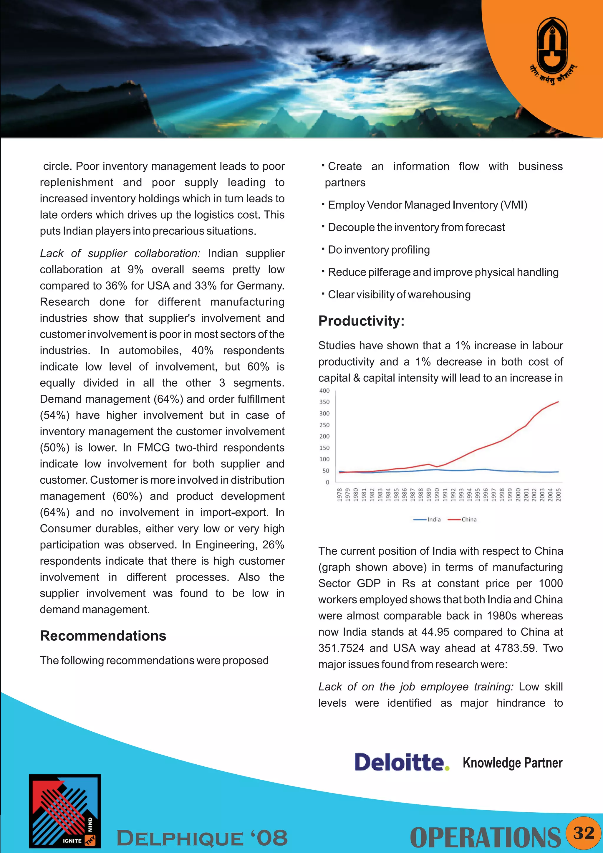 KYMC




 circle. Poor inventory management leads to poor       å
                                                       Create an information flow with business
replenishment and poor supply leading to                partners
increased inventory holdings which in turn leads to
                                                       å
                                                       Employ Vendor Managed Inventory (VMI)
late orders which drives up the logistics cost. This
puts Indian players into precarious situations.        å the inventory from forecast
                                                       Decouple

Lack of supplier collaboration: Indian supplier        å
                                                       Do inventory profiling
collaboration at 9% overall seems pretty low           å
                                                       Reduce pilferage and improve physical handling
compared to 36% for USA and 33% for Germany.
                                                       å
                                                       Clear visibility of warehousing
Research done for different manufacturing
industries show that supplier's involvement and        Productivity:
customer involvement is poor in most sectors of the
industries. In automobiles, 40% respondents            Studies have shown that a 1% increase in labour
indicate low level of involvement, but 60% is          productivity and a 1% decrease in both cost of
equally divided in all the other 3 segments.           capital & capital intensity will lead to an increase in
Demand management (64%) and order fulfillment          annual investment growth by about 14.5%
(54%) have higher involvement but in case of
inventory management the customer involvement
(50%) is lower. In FMCG two-third respondents
indicate low involvement for both supplier and
customer. Customer is more involved in distribution
management (60%) and product development
(64%) and no involvement in import-export. In
Consumer durables, either very low or very high
participation was observed. In Engineering, 26%
                                                       The current position of India with respect to China
respondents indicate that there is high customer
                                                       (graph shown above) in terms of manufacturing
involvement in different processes. Also the
                                                       Sector GDP in Rs at constant price per 1000
supplier involvement was found to be low in
                                                       workers employed shows that both India and China
demand management.
                                                       were almost comparable back in 1980s whereas
Recommendations                                        now India stands at 44.95 compared to China at
                                                       351.7524 and USA way ahead at 4783.59. Two
The following recommendations were proposed            major issues found from research were:

                                                       Lack of on the job employee training: Low skill
                                                       levels were identified as major hindrance to




                                                                                       Knowledge Partner




                Delphique ‘08                                              OPERATIONS                            32
 