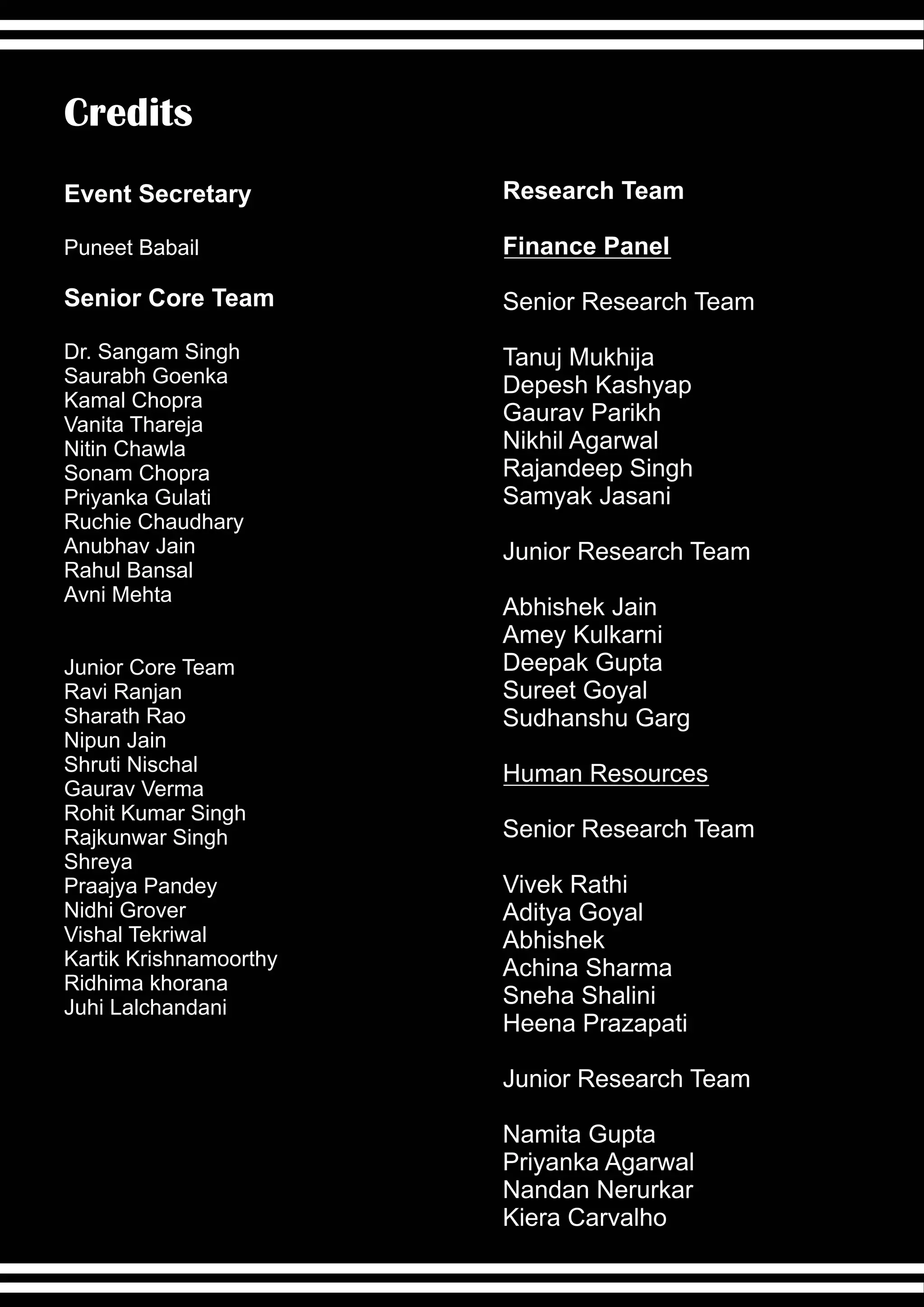 Credits
Event Secretary         Research Team

Puneet Babail           Finance Panel

Senior Core Team        Senior Research Team
Dr. Sangam Singh        Tanuj Mukhija
Saurabh Goenka          Depesh Kashyap
Kamal Chopra
Vanita Thareja          Gaurav Parikh
Nitin Chawla            Nikhil Agarwal
Sonam Chopra            Rajandeep Singh
Priyanka Gulati         Samyak Jasani
Ruchie Chaudhary
Anubhav Jain            Junior Research Team
Rahul Bansal
Avni Mehta
                        Abhishek Jain
                        Amey Kulkarni
Junior Core Team        Deepak Gupta
Ravi Ranjan             Sureet Goyal
Sharath Rao             Sudhanshu Garg
Nipun Jain
Shruti Nischal          Human Resources
Gaurav Verma
Rohit Kumar Singh
Rajkunwar Singh         Senior Research Team
Shreya
Praajya Pandey          Vivek Rathi
Nidhi Grover            Aditya Goyal
Vishal Tekriwal         Abhishek
Kartik Krishnamoorthy   Achina Sharma
Ridhima khorana
Juhi Lalchandani        Sneha Shalini
                        Heena Prazapati

                        Junior Research Team

                        Namita Gupta
                        Priyanka Agarwal
                        Nandan Nerurkar
                        Kiera Carvalho
 