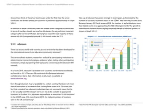 62
GÉANT Compendium of National Research and Education Networks In Europe /Middleware services
Around two-thirds of these had been issued under the TCS. How the server
certificates are divided among the countries is presented approximately in Graph
5.3.2.1.
In addition to server certificates, there are several other categories of certificates.
In terms of numbers issued, personal certificates are the second most important
category after server certificates. Germany has issued the vast majority of these:
almost 400 000 (compared to around 10 000 issued under the TCS).
5.3.3	eduroam
There is a secure, world-wide roaming access service that has been developed for
the international research and education community: eduroam®.
This service allows students, researchers and staff at participating institutions to
obtain Internet connectivity campus-wide and when visiting other participating
institutions, simply by opening their laptop and connecting to the eduroam WiFi
network.
As of June 2014, eduroam is available in 69 countries and territories worldwide,
up from 66 in 2013. There are 39 countries in the European eduroam
confederation. Up-to-date information on eduroam is available at
www.eduroam.org.
Even though eduroam may be available in a certain country, that does not mean
that all institutions or students in that country have access to it. Of course, the
fact that a student has eduroam credentials does not necessarily mean that he
or she actually uses the eduroam service; it has to be available at appropriate
locations. In October 2014, eduroam was available at more than 10 000 locations4
in the GÉANT area, 25% more than in 2013; the highest numbers of locations
were in the UK and Germany5
.
Take-up of eduroam has grown strongly in recent years, as illustrated by the
number of successful authentications in the GÉANT area over the past two years.
Between January 2013 and January 2014, the number of authentications more
than tripled and is now approaching the 150 million per month. The growth in
international authentications slightly outpaced the rate of national growth, as
shown in Graph 5.3.3.1.
120
0
60
160
140
20
100
80
40
20%
0%
5%
30%
25%
15%
10%
International
National
Millionsofauthentications
%ofinternationalauthentications
Jan. 2012 Sep. 2012 Jan. 2013 Sep. 2013 Jan. 2014 Sep. 2014
4
 ‘Location’here means a hotspot, a building or a set of buildings where an eduroam service is offered
by a single organisation.
5
Statistics provided by the eduroam operations team and collated by Miroslav Milinović, SRCE.
6
Data from the ETRL (European top level radius proxies logs) – not publicly available.
Graph 5.3.3.1 – Successful eduroam authentications, GÉANT area6
 