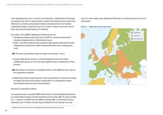 64
GÉANT Compendium of National Research and Education Networks In Europe /Collaboration support services
1
 Available via the services map at compendium.terena.org/reports/nrens_services.
more appealing than ever. In research and education, collaboration technology
are playing a key role in making project, research and administration work more
effective, by virtually connecting remotely located personnel. Such remote
collaboration helps to optimise how time is used, to reduce travel costs and to
lower the environmental impacts of travelling.
Four pillars of the NREN collaboration infrastructure are:
1. Numbering schemes and Voice over IP (VoIP) to connect institutional IP
telephony deployments or individual end-users.
2. Video- and web-conferencing to provide a high-quality audio/video-based
collaboration environment, often enhanced by other tools enabling joint
work.
NB: This year’s Compendium does not report on elements 1 and 2.
3. Group collaboration services: i.e. the bundling of services that allow
collaborative groups to form and work together easily, independent of their
location.
NB: Information on element 3 is available online via the NREN Services map on
the Compendium website1
.
4. Multimedia content repositories for online presentation of materials recorded
by higher education and research organisations to complement remote
teaching/learning and science dissemination.
Element 4 is reported on below.
As in previous years, we asked NRENs about their use of multimedia repositories
(i.e. audio/video archives) and the streaming services they offer. As shown in Map
6.2.1 , a total of 16 GÉANT partner NRENs currently offer a multimedia content
repository, and 10 others are planning to establish one (no change since last
year). An online table1
gives additional information, including links to the various
repositories.
Deployed
Planned
Not planned
Map 6.2.1 – Multimedia content repositories
 