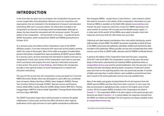 5
INTRODUCTION
In the more than ten years since its inception, the Compendium has grown into
a much sought-after and authoritative reference source for researchers and
organisations that are interested in the development of research and education
networking. With each successive edition, the information included in the
Compendium has become increasingly varied and dependable, although, as
always, the data should be interpreted with the necessary caution. This year’s
edition of the Compendium – the fourteenth in the series – is produced by the
GÉANT Association, which resulted from DANTE and TERENA joining forces in
October 2014.1
As in previous years, this edition of the Compendium is part of the GÉANT
(GN3plus) project. It has been enhanced with input from activity leaders working
within the scope of that project. Most of the tables and graphs included below
present information compiled from input provided by all GÉANT partner NRENs.
As in previous years, we have examined and attempted to explain multi-year (i.e.
‘longitudinal’) trends. Each section of the Compendium starts with an overview,
which summarises and analyses the most important information presented
in that section. The section on key findings, which follows this introduction,
provides a more general analysis of recent developments in research and
education networking.
This year, for the second time, the Compendium survey was based on a Common
NREN Information Model, which was developed in a joint effort by a worldwide
team of experts: Markus Buchhorn (APAN), Salem Alagtash (ASREN), Thomas
Tam (Canarie), Helmut Sverenyák (CESNET), Marcela Larenas and Florencio
Utreras (RedCLARA), Claudio Allocchio (GARR), Mirjam Kühne (RIPE NCC), Thomas
Lenggenhager (SWITCH), Katrina Sataki (SigmaNet), Tiwonge Banda (UbuntuNet)
and Omo Oaiya (WACREN).
The GÉANT Association hopes that it will be possible to continue this global
collaboration in future years and that this effort will lead to other regional
publications of this type and even to a joint global compendium publication.
Non-European NRENs – except those in Latin America – were invited to submit
their data for inclusion in this edition of the Compendium. Information on Latin
American NRENs is available on the RedCLARA website (www.redclara.net).
Overall, this year’s responses came from a total of 61 NRENs operating in the
same number of countries (49 in Europe and the Mediterranean region; 12
in other parts of the world). All the NRENs were asked to double-check their
responses and ensure that the information was up to date.
Collecting such data requires contributions from, and careful checking by, several
staff members of each NREN. The GÉANT Association would like to thank all those
in the NREN community who gathered, submitted, clarified and checked the data
included in this publication. Where possible, we have also included data from other
sources, such as that on GÉANT traffic, eduroam and the TERENA Certificate Service.
In general, this edition of the Compendium looks back five years, comparing
2014/2013 with 2010/2009. The Compendium consists of two parts: the entire
body of information submitted by the individual NRENs (published online at
compendium.terena.org) and this printed publication. Over the past year, a new
interface has been developed, allowing better comparison of data from several
years and more on-line reporting options than was previously possible. A number
of tables and maps that, in earlier editions, were available in printed format have
been moved to the online publication and are now only available there.
Most of the tables and graphs included below first list all responses from the
GÉANT partner NRENs and then those from other countries. In most cases, the
data are presented in alphabetical order, sorted on the English name of each
country. All the European NRENs included in this Compendium are listed in
Section 1.1. The respondent NRENs in all other regions of the world (except Latin
America) are listed in Section 1.2. In several tables, the responses received from
the NRENs are edited and abridged. The full responses are always available online
at compendium.terena.org.
GÉANT Compendium of National Research and Education Networks In Europe / Introduction
1
See inside cover for further information.
 