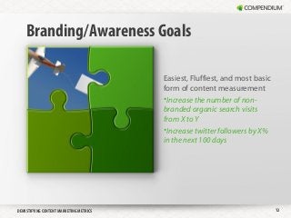 Branding/Awareness Goals

                                         Easiest, Fluffiest, and most basic
                                         form of content measurement
                                         •Increase the number of non-
                                         branded organic search visits
                                         from X to Y
                                         •Increase twitter followers by X%
                                         in the next 100 days




DEMISTIFYING CONTENT MARKETING METRICS                                        12
 