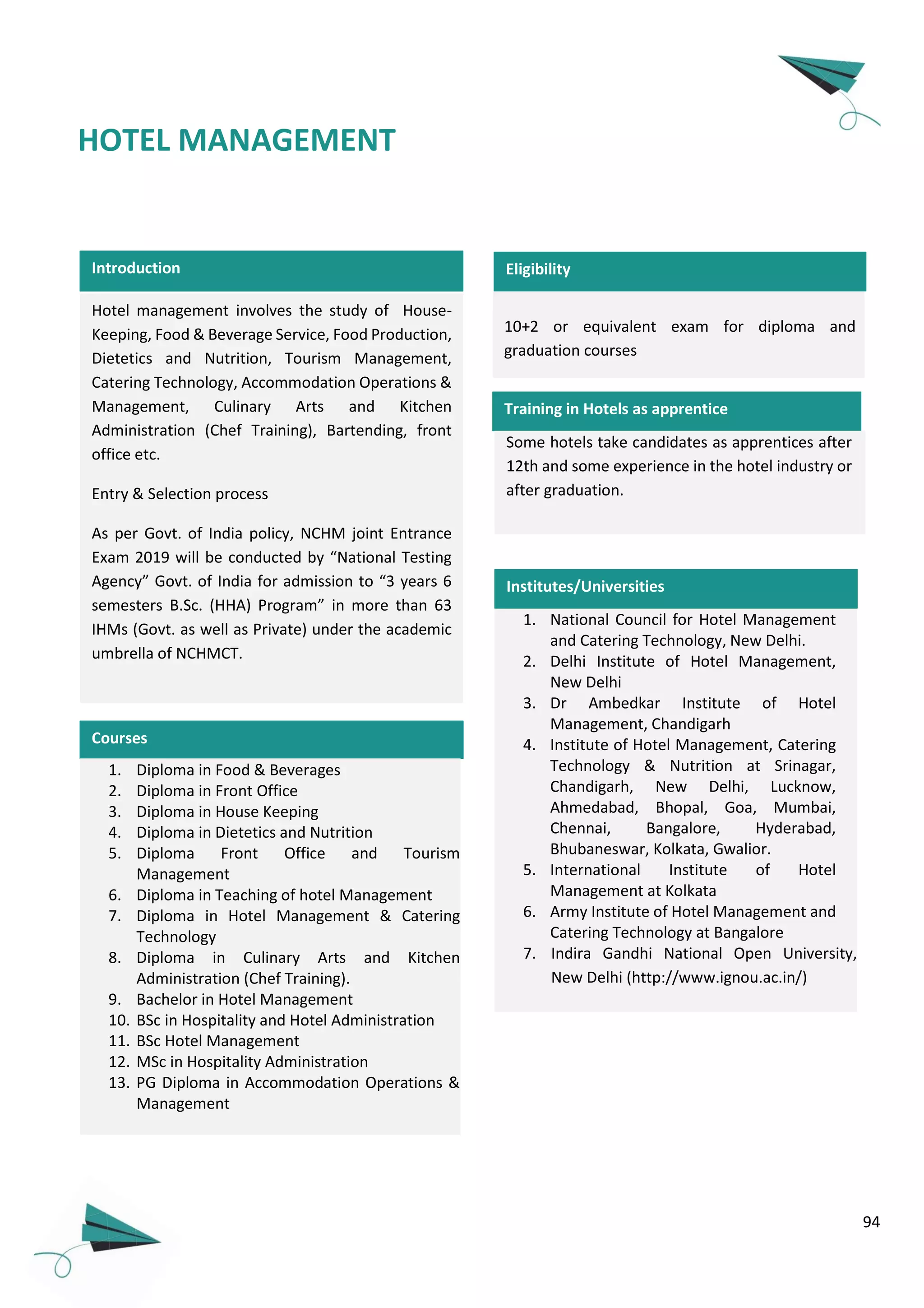 94
Hotel management involves the study of House-
Keeping, Food & Beverage Service, Food Production,
Dietetics and Nutrition, Tourism Management,
Catering Technology, Accommodation Operations &
Management, Culinary Arts and Kitchen
Administration (Chef Training), Bartending, front
office etc.
Entry & Selection process
As per Govt. of India policy, NCHM joint Entrance
Exam 2019 will be conducted by “National Testing
Agency” Govt. of India for admission to “3 years 6
semesters B.Sc. (HHA) Program” in more than 63
IHMs (Govt. as well as Private) under the academic
umbrella of NCHMCT.
10+2 or equivalent exam for diploma and
graduation courses
Courses
1. Diploma in Food & Beverages
2. Diploma in Front Office
3. Diploma in House Keeping
4. Diploma in Dietetics and Nutrition
5. Diploma Front Office and Tourism
Management
6. Diploma in Teaching of hotel Management
7. Diploma in Hotel Management & Catering
Technology
8. Diploma in Culinary Arts and Kitchen
Administration (Chef Training).
9. Bachelor in Hotel Management
10. BSc in Hospitality and Hotel Administration
11. BSc Hotel Management
12. MSc in Hospitality Administration
13. PG Diploma in Accommodation Operations &
Management
1. National Council for Hotel Management
and Catering Technology, New Delhi.
2. Delhi Institute of Hotel Management,
New Delhi
3. Dr Ambedkar Institute of Hotel
Management, Chandigarh
4. Institute of Hotel Management, Catering
Technology & Nutrition at Srinagar,
Chandigarh, New Delhi, Lucknow,
Ahmedabad, Bhopal, Goa, Mumbai,
Chennai, Bangalore, Hyderabad,
Bhubaneswar, Kolkata, Gwalior.
5. International Institute of Hotel
Management at Kolkata
6. Army Institute of Hotel Management and
Catering Technology at Bangalore
7. Indira Gandhi National Open University,
New Delhi (http://www.ignou.ac.in/)
8.
Eligibility
Training in Hotels as apprentice
Some hotels take candidates as apprentices after
12th and some experience in the hotel industry or
after graduation.
Institutes/Universities
Introduction
HOTEL MANAGEMENT
 