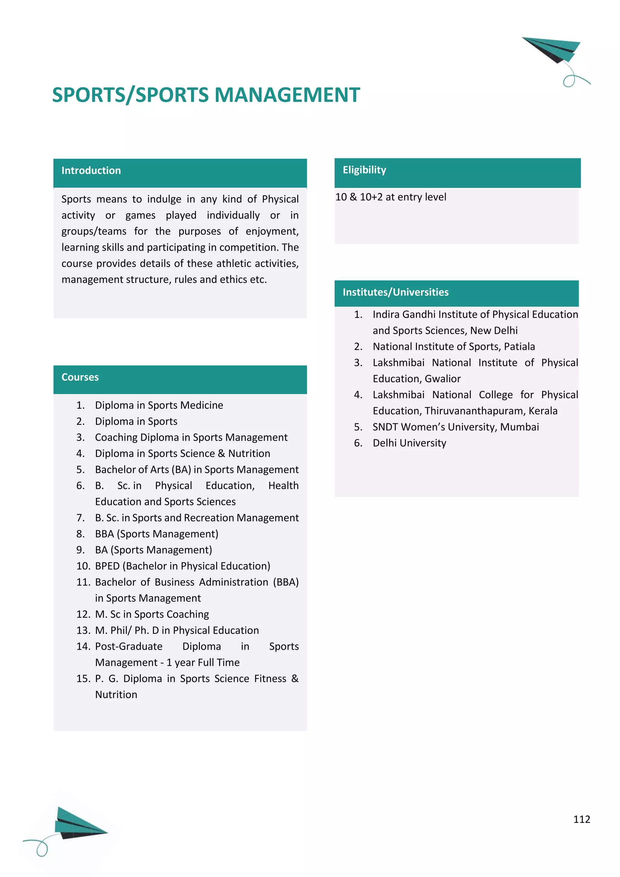 112
Introduction
Sports means to indulge in any kind of Physical
activity or games played individually or in
groups/teams for the purposes of enjoyment,
learning skills and participating in competition. The
course provides details of these athletic activities,
management structure, rules and ethics etc.
1. Diploma in Sports Medicine
2. Diploma in Sports
3. Coaching Diploma in Sports Management
4. Diploma in Sports Science & Nutrition
5. Bachelor of Arts (BA) in Sports Management
6. B. Sc. in Physical Education, Health
Education and Sports Sciences
7. B. Sc. in Sports and Recreation Management
8. BBA (Sports Management)
9. BA (Sports Management)
10. BPED (Bachelor in Physical Education)
11. Bachelor of Business Administration (BBA)
in Sports Management
12. M. Sc in Sports Coaching
13. M. Phil/ Ph. D in Physical Education
14. Post-Graduate Diploma in Sports
Management - 1 year Full Time
15. P. G. Diploma in Sports Science Fitness &
Nutrition
10 & 10+2 at entry level
Courses
Eligibility
SPORTS/SPORTS MANAGEMENT
Institutes/Universities
1. Indira Gandhi Institute of Physical Education
and Sports Sciences, New Delhi
2. National Institute of Sports, Patiala
3. Lakshmibai National Institute of Physical
Education, Gwalior
4. Lakshmibai National College for Physical
Education, Thiruvananthapuram, Kerala
5. SNDT Women’s University, Mumbai
6. Delhi University
 
