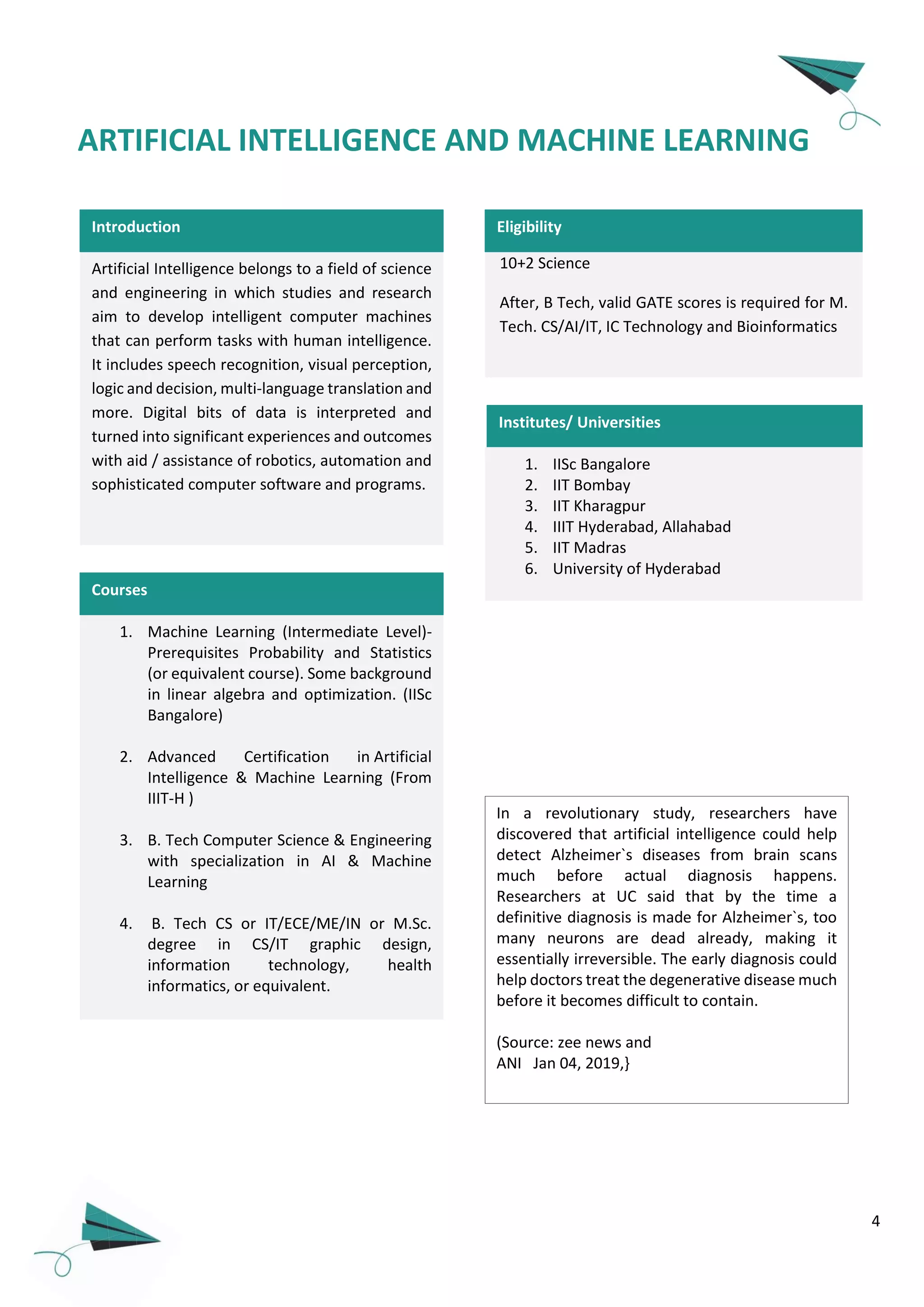 4
1. Machine Learning (Intermediate Level)-
Prerequisites Probability and Statistics
(or equivalent course). Some background
in linear algebra and optimization. (IISc
Bangalore)
2. Advanced Certification in Artificial
Intelligence & Machine Learning (From
IIIT-H )
3. B. Tech Computer Science & Engineering
with specialization in AI & Machine
Learning
4. B. Tech CS or IT/ECE/ME/IN or M.Sc.
degree in CS/IT graphic design,
information technology, health
informatics, or equivalent.
5. Master of Technology in Artificial
Intelligence
6. M. Tech in Information Technology
specialization in Robotics
Courses
ARTIFICIAL INTELLIGENCE AND MACHINE LEARNING
10+2 Science
After, B Tech, valid GATE scores is required for M.
Tech. CS/AI/IT, IC Technology and Bioinformatics
Eligibility
Artificial Intelligence belongs to a field of science
and engineering in which studies and research
aim to develop intelligent computer machines
that can perform tasks with human intelligence.
It includes speech recognition, visual perception,
logic and decision, multi-language translation and
more. Digital bits of data is interpreted and
turned into significant experiences and outcomes
with aid / assistance of robotics, automation and
sophisticated computer software and programs.
Introduction
Institutes/ Universities
1. IISc Bangalore
2. IIT Bombay
3. IIT Kharagpur
4. IIIT Hyderabad, Allahabad
5. IIT Madras
6. University of Hyderabad
In a revolutionary study, researchers have
discovered that artificial intelligence could help
detect Alzheimer`s diseases from brain scans
much before actual diagnosis happens.
Researchers at UC said that by the time a
definitive diagnosis is made for Alzheimer`s, too
many neurons are dead already, making it
essentially irreversible. The early diagnosis could
help doctors treat the degenerative disease much
before it becomes difficult to contain.
(Source: zee news and
ANI Jan 04, 2019,}
 
