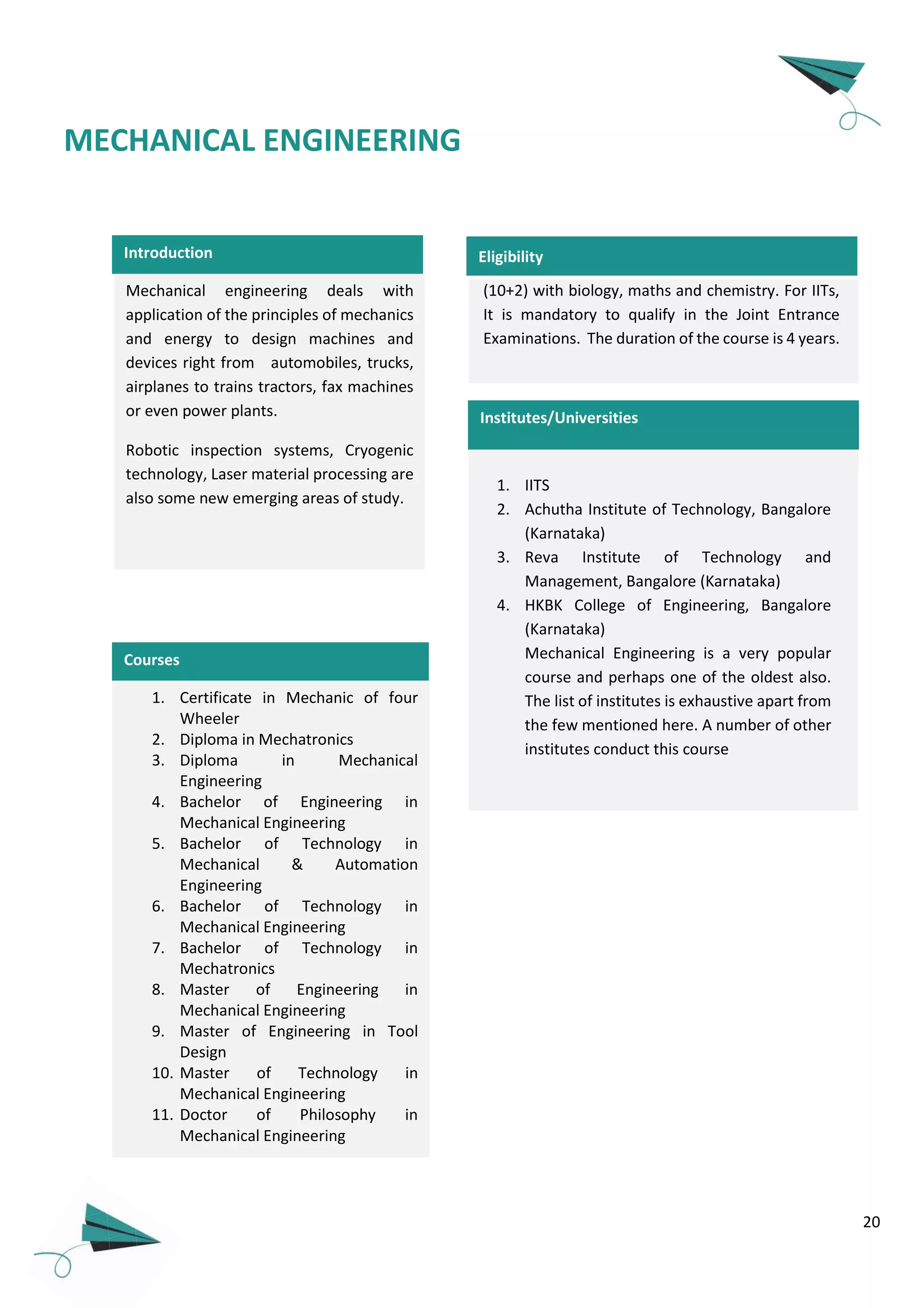 20
Introduction
MECHANICAL ENGINEERING
Courses
Institutes/Universities
1. IITS
2. Achutha Institute of Technology, Bangalore
(Karnataka)
3. Reva Institute of Technology and
Management, Bangalore (Karnataka)
4. HKBK College of Engineering, Bangalore
(Karnataka)
Mechanical Engineering is a very popular
course and perhaps one of the oldest also.
The list of institutes is exhaustive apart from
the few mentioned here. A number of other
institutes conduct this course
Mechanical engineering deals with
application of the principles of mechanics
and energy to design machines and
devices right from automobiles, trucks,
airplanes to trains tractors, fax machines
or even power plants.
Robotic inspection systems, Cryogenic
technology, Laser material processing are
also some new emerging areas of study.
1. Certificate in Mechanic of four
Wheeler
2. Diploma in Mechatronics
3. Diploma in Mechanical
Engineering
4. Bachelor of Engineering in
Mechanical Engineering
5. Bachelor of Technology in
Mechanical & Automation
Engineering
6. Bachelor of Technology in
Mechanical Engineering
7. Bachelor of Technology in
Mechatronics
8. Master of Engineering in
Mechanical Engineering
9. Master of Engineering in Tool
Design
10. Master of Technology in
Mechanical Engineering
11. Doctor of Philosophy in
Mechanical Engineering
(10+2) with biology, maths and chemistry. For IITs,
It is mandatory to qualify in the Joint Entrance
Examinations. The duration of the course is 4 years.
Eligibility
 