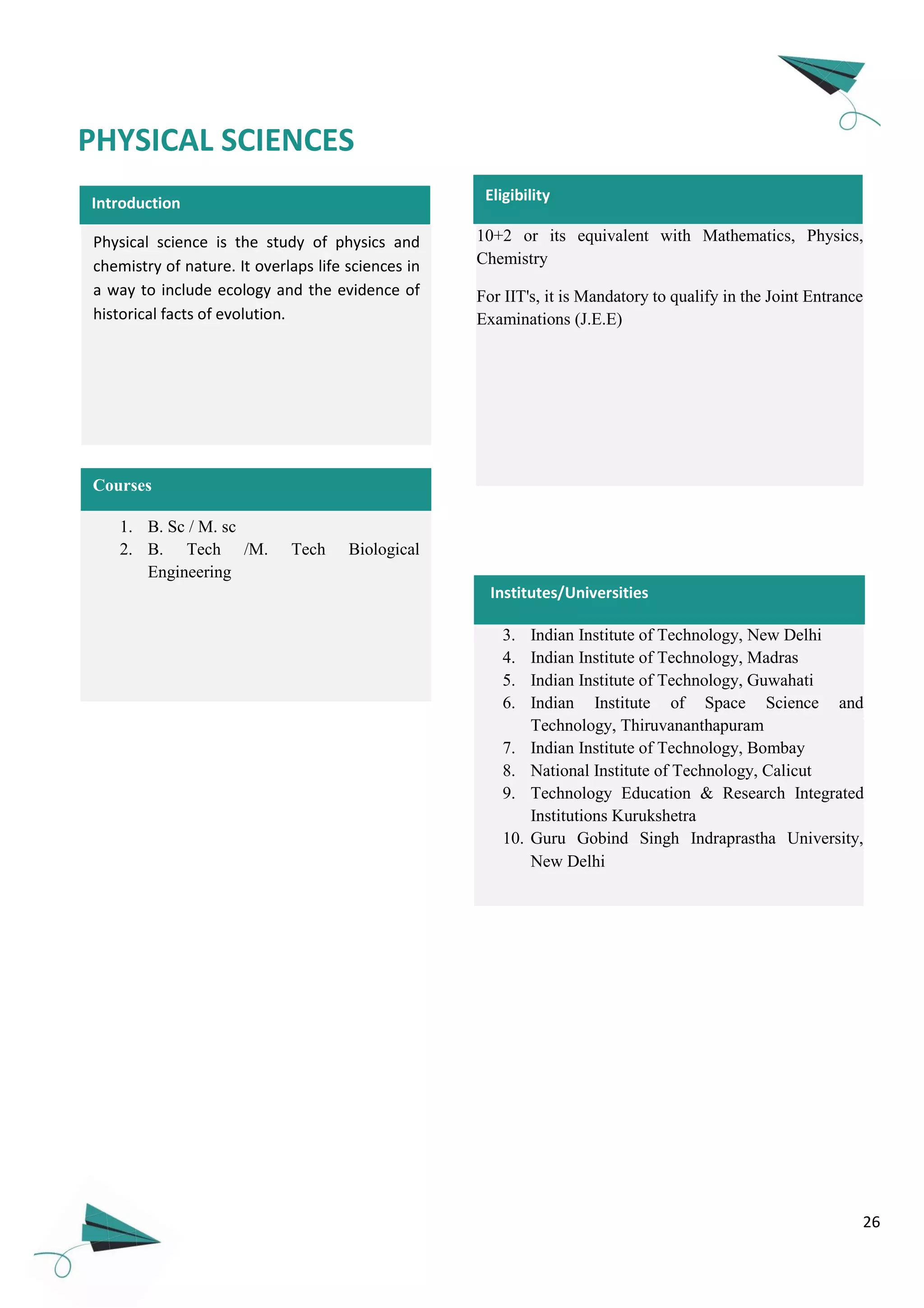 26
Introduction
Physical science is the study of physics and
chemistry of nature. It overlaps life sciences in
a way to include ecology and the evidence of
historical facts of evolution.
1. B. Sc / M. sc
2. B. Tech /M. Tech Biological
Engineering
Courses
PHYSICAL SCIENCES
10+2 or its equivalent with Mathematics, Physics,
Chemistry
For IIT's, it is Mandatory to qualify in the Joint Entrance
Examinations (J.E.E)
Eligibility
Institutes/Universities
3. Indian Institute of Technology, New Delhi
4. Indian Institute of Technology, Madras
5. Indian Institute of Technology, Guwahati
6. Indian Institute of Space Science and
Technology, Thiruvananthapuram
7. Indian Institute of Technology, Bombay
8. National Institute of Technology, Calicut
9. Technology Education & Research Integrated
Institutions Kurukshetra
10. Guru Gobind Singh Indraprastha University,
New Delhi
 