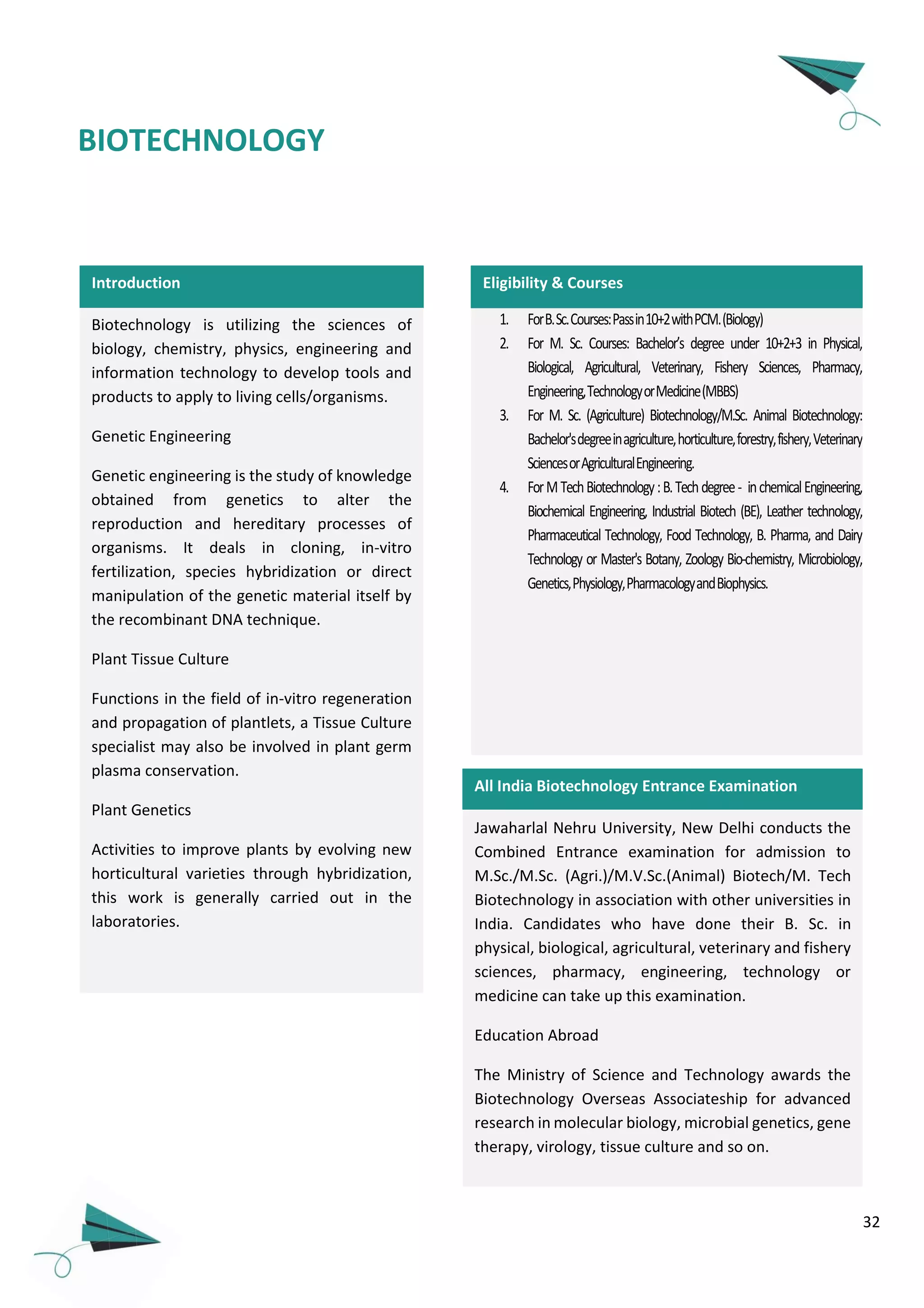 32
BIOTECHNOLOGY
1. ForB.Sc.Courses:Passin10+2withPCM.(Biology)
2. For M. Sc. Courses: Bachelor’s degree under 10+2+3 in Physical,
Biological, Agricultural, Veterinary, Fishery Sciences, Pharmacy,
Engineering,TechnologyorMedicine(MBBS)
3. For M. Sc. (Agriculture) Biotechnology/M.Sc. Animal Biotechnology:
Bachelor'sdegreeinagriculture,horticulture,forestry,fishery,Veterinary
SciencesorAgriculturalEngineering.
4. ForMTechBiotechnology:B.Techdegree- inchemicalEngineering,
Biochemical Engineering, Industrial Biotech (BE), Leather technology,
Pharmaceutical Technology, Food Technology, B. Pharma, and Dairy
Technology or Master's Botany, Zoology Bio-chemistry, Microbiology,
Genetics,Physiology,PharmacologyandBiophysics.
Eligibility & Courses
Jawaharlal Nehru University, New Delhi conducts the
Combined Entrance examination for admission to
M.Sc./M.Sc. (Agri.)/M.V.Sc.(Animal) Biotech/M. Tech
Biotechnology in association with other universities in
India. Candidates who have done their B. Sc. in
physical, biological, agricultural, veterinary and fishery
sciences, pharmacy, engineering, technology or
medicine can take up this examination.
Education Abroad
The Ministry of Science and Technology awards the
Biotechnology Overseas Associateship for advanced
research in molecular biology, microbial genetics, gene
therapy, virology, tissue culture and so on.
All India Biotechnology Entrance Examination
Introduction
Biotechnology is utilizing the sciences of
biology, chemistry, physics, engineering and
information technology to develop tools and
products to apply to living cells/organisms.
Genetic Engineering
Genetic engineering is the study of knowledge
obtained from genetics to alter the
reproduction and hereditary processes of
organisms. It deals in cloning, in-vitro
fertilization, species hybridization or direct
manipulation of the genetic material itself by
the recombinant DNA technique.
Plant Tissue Culture
Functions in the field of in-vitro regeneration
and propagation of plantlets, a Tissue Culture
specialist may also be involved in plant germ
plasma conservation.
Plant Genetics
Activities to improve plants by evolving new
horticultural varieties through hybridization,
this work is generally carried out in the
laboratories.
 