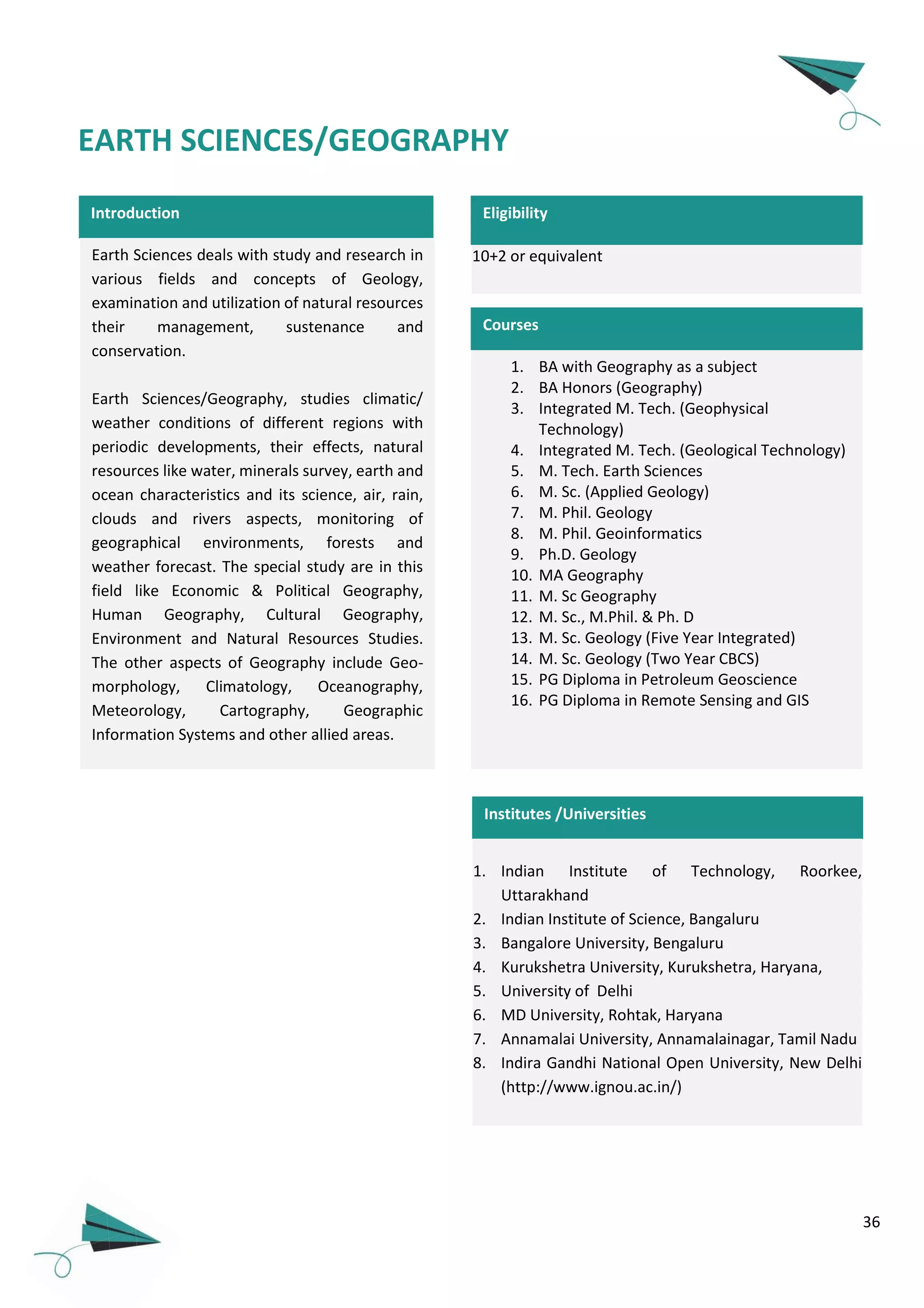36
Introduction
Earth Sciences deals with study and research in
various fields and concepts of Geology,
examination and utilization of natural resources
their management, sustenance and
conservation.
Earth Sciences/Geography, studies climatic/
weather conditions of different regions with
periodic developments, their effects, natural
resources like water, minerals survey, earth and
ocean characteristics and its science, air, rain,
clouds and rivers aspects, monitoring of
geographical environments, forests and
weather forecast. The special study are in this
field like Economic & Political Geography,
Human Geography, Cultural Geography,
Environment and Natural Resources Studies.
The other aspects of Geography include Geo-
morphology, Climatology, Oceanography,
Meteorology, Cartography, Geographic
Information Systems and other allied areas.
1. BA with Geography as a subject
2. BA Honors (Geography)
3. Integrated M. Tech. (Geophysical
Technology)
4. Integrated M. Tech. (Geological Technology)
5. M. Tech. Earth Sciences
6. M. Sc. (Applied Geology)
7. M. Phil. Geology
8. M. Phil. Geoinformatics
9. Ph.D. Geology
10. MA Geography
11. M. Sc Geography
12. M. Sc., M.Phil. & Ph. D
13. M. Sc. Geology (Five Year Integrated)
14. M. Sc. Geology (Two Year CBCS)
15. PG Diploma in Petroleum Geoscience
16. PG Diploma in Remote Sensing and GIS
Courses
EARTH SCIENCES/GEOGRAPHY
10+2 or equivalent
Eligibility
Institutes /Universities
1. Indian Institute of Technology, Roorkee,
Uttarakhand
2. Indian Institute of Science, Bangaluru
3. Bangalore University, Bengaluru
4. Kurukshetra University, Kurukshetra, Haryana,
5. University of Delhi
6. MD University, Rohtak, Haryana
7. Annamalai University, Annamalainagar, Tamil Nadu
8. Indira Gandhi National Open University, New Delhi
(http://www.ignou.ac.in/)
 
