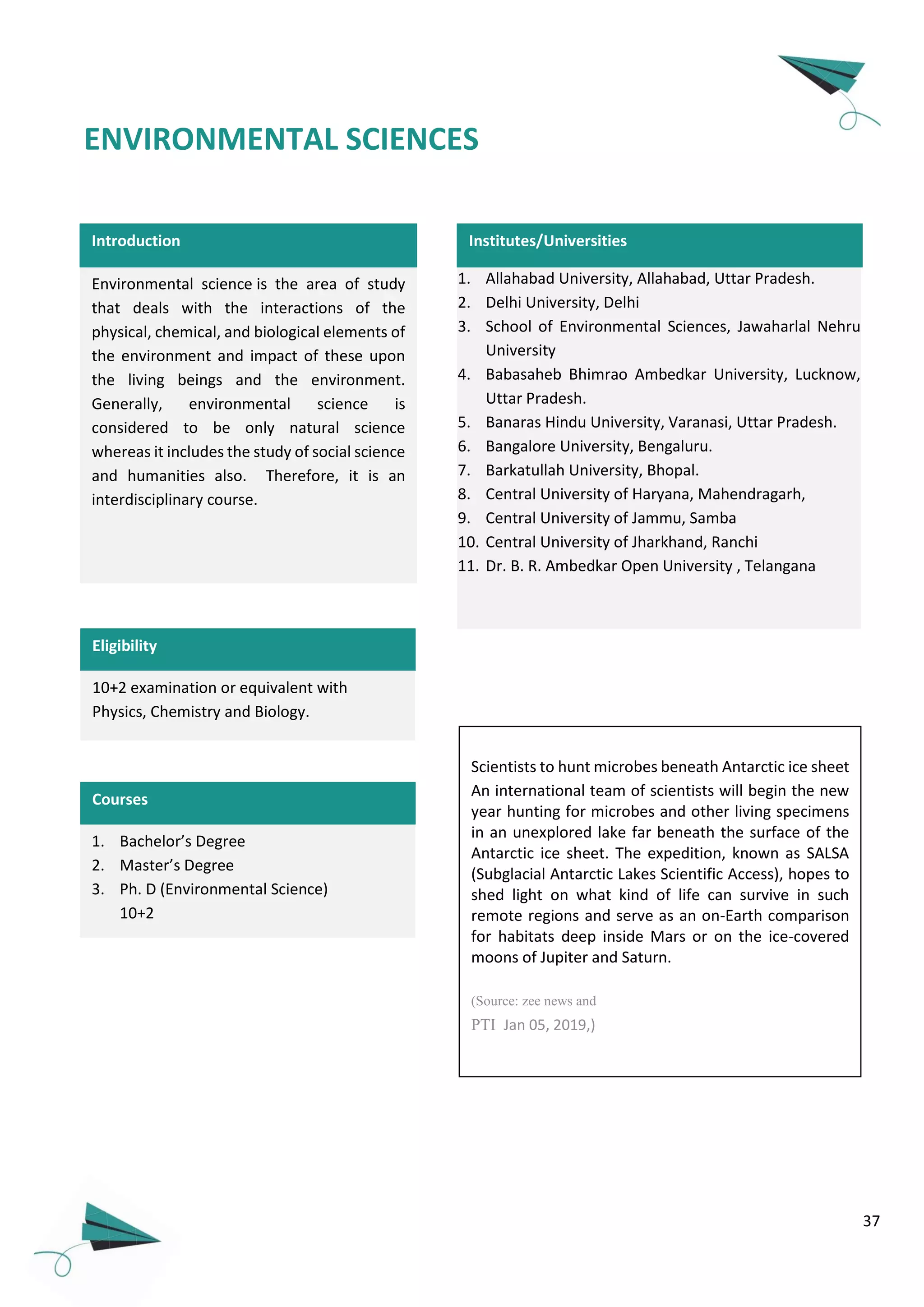 37
ENVIRONMENTAL SCIENCES
Eligibility
Environmental science is the area of study
that deals with the interactions of the
physical, chemical, and biological elements of
the environment and impact of these upon
the living beings and the environment.
Generally, environmental science is
considered to be only natural science
whereas it includes the study of social science
and humanities also. Therefore, it is an
interdisciplinary course.
1. Bachelor’s Degree
2. Master’s Degree
3. Ph. D (Environmental Science)
10+2
Courses
1. Allahabad University, Allahabad, Uttar Pradesh.
2. Delhi University, Delhi
3. School of Environmental Sciences, Jawaharlal Nehru
University
4. Babasaheb Bhimrao Ambedkar University, Lucknow,
Uttar Pradesh.
5. Banaras Hindu University, Varanasi, Uttar Pradesh.
6. Bangalore University, Bengaluru.
7. Barkatullah University, Bhopal.
8. Central University of Haryana, Mahendragarh,
9. Central University of Jammu, Samba
10. Central University of Jharkhand, Ranchi
11. Dr. B. R. Ambedkar Open University , Telangana
Scientists to hunt microbes beneath Antarctic ice sheet
An international team of scientists will begin the new
year hunting for microbes and other living specimens
in an unexplored lake far beneath the surface of the
Antarctic ice sheet. The expedition, known as SALSA
(Subglacial Antarctic Lakes Scientific Access), hopes to
shed light on what kind of life can survive in such
remote regions and serve as an on-Earth comparison
for habitats deep inside Mars or on the ice-covered
moons of Jupiter and Saturn.
(Source: zee news and
PTI Jan 05, 2019,)
Introduction Institutes/Universities
10+2 examination or equivalent with
Physics, Chemistry and Biology.
 
