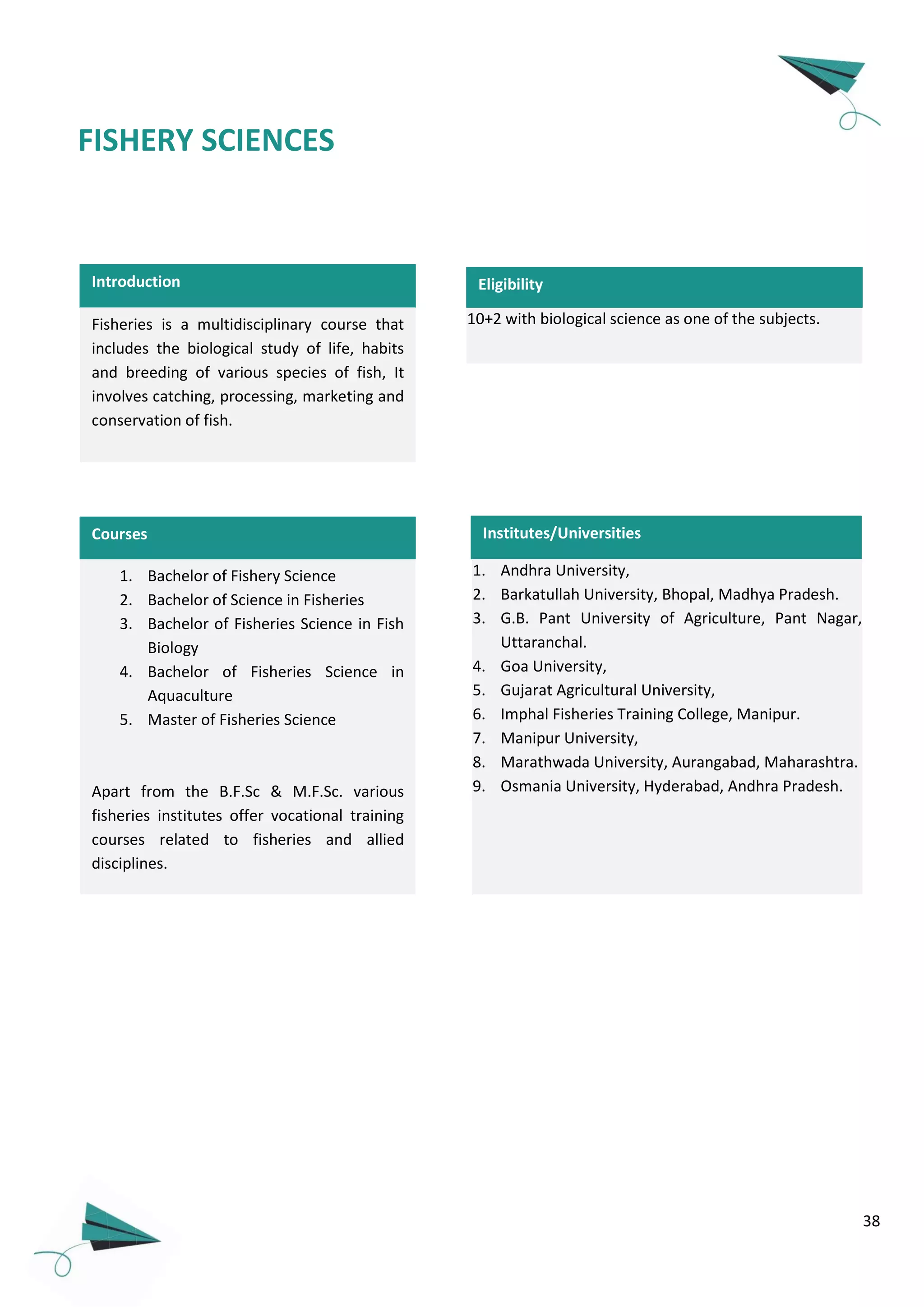 38
FISHERY SCIENCES
Introduction
Fisheries is a multidisciplinary course that
includes the biological study of life, habits
and breeding of various species of fish, It
involves catching, processing, marketing and
conservation of fish.
1. Bachelor of Fishery Science
2. Bachelor of Science in Fisheries
3. Bachelor of Fisheries Science in Fish
Biology
4. Bachelor of Fisheries Science in
Aquaculture
5. Master of Fisheries Science
Apart from the B.F.Sc & M.F.Sc. various
fisheries institutes offer vocational training
courses related to fisheries and allied
disciplines.
Courses
10+2 with biological science as one of the subjects.
Eligibility
Institutes/Universities
1. Andhra University,
2. Barkatullah University, Bhopal, Madhya Pradesh.
3. G.B. Pant University of Agriculture, Pant Nagar,
Uttaranchal.
4. Goa University,
5. Gujarat Agricultural University,
6. Imphal Fisheries Training College, Manipur.
7. Manipur University,
8. Marathwada University, Aurangabad, Maharashtra.
9. Osmania University, Hyderabad, Andhra Pradesh.
 