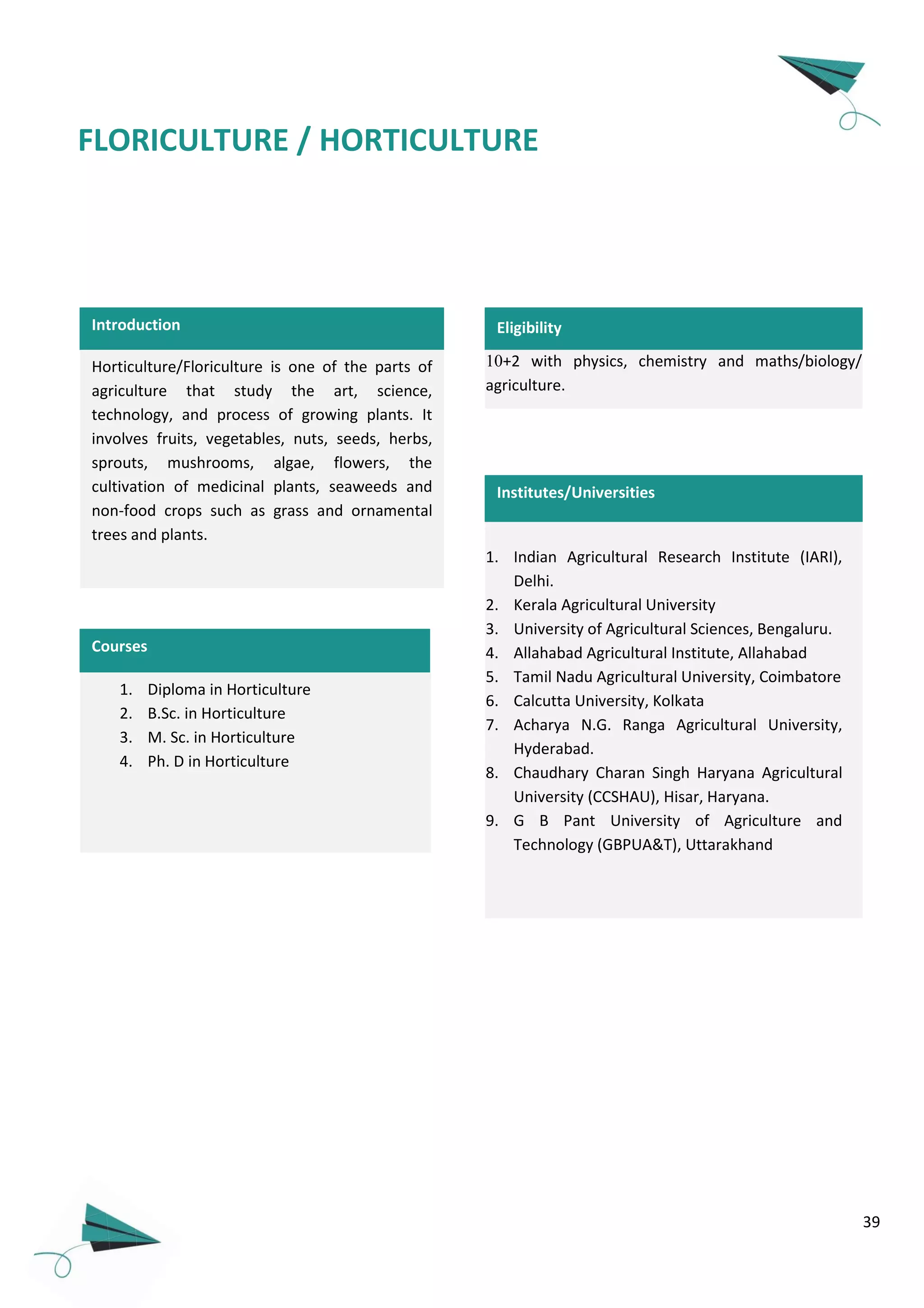 39
FLORICULTURE / HORTICULTURE
EligibilityIntroduction
Horticulture/Floriculture is one of the parts of
agriculture that study the art, science,
technology, and process of growing plants. It
involves fruits, vegetables, nuts, seeds, herbs,
sprouts, mushrooms, algae, flowers, the
cultivation of medicinal plants, seaweeds and
non-food crops such as grass and ornamental
trees and plants.
1. Diploma in Horticulture
2. B.Sc. in Horticulture
3. M. Sc. in Horticulture
4. Ph. D in Horticulture
Courses
10+2 with physics, chemistry and maths/biology/
agriculture.
1. Indian Agricultural Research Institute (IARI),
Delhi.
2. Kerala Agricultural University
3. University of Agricultural Sciences, Bengaluru.
4. Allahabad Agricultural Institute, Allahabad
5. Tamil Nadu Agricultural University, Coimbatore
6. Calcutta University, Kolkata
7. Acharya N.G. Ranga Agricultural University,
Hyderabad.
8. Chaudhary Charan Singh Haryana Agricultural
University (CCSHAU), Hisar, Haryana.
9. G B Pant University of Agriculture and
Technology (GBPUA&T), Uttarakhand
Institutes/Universities
 