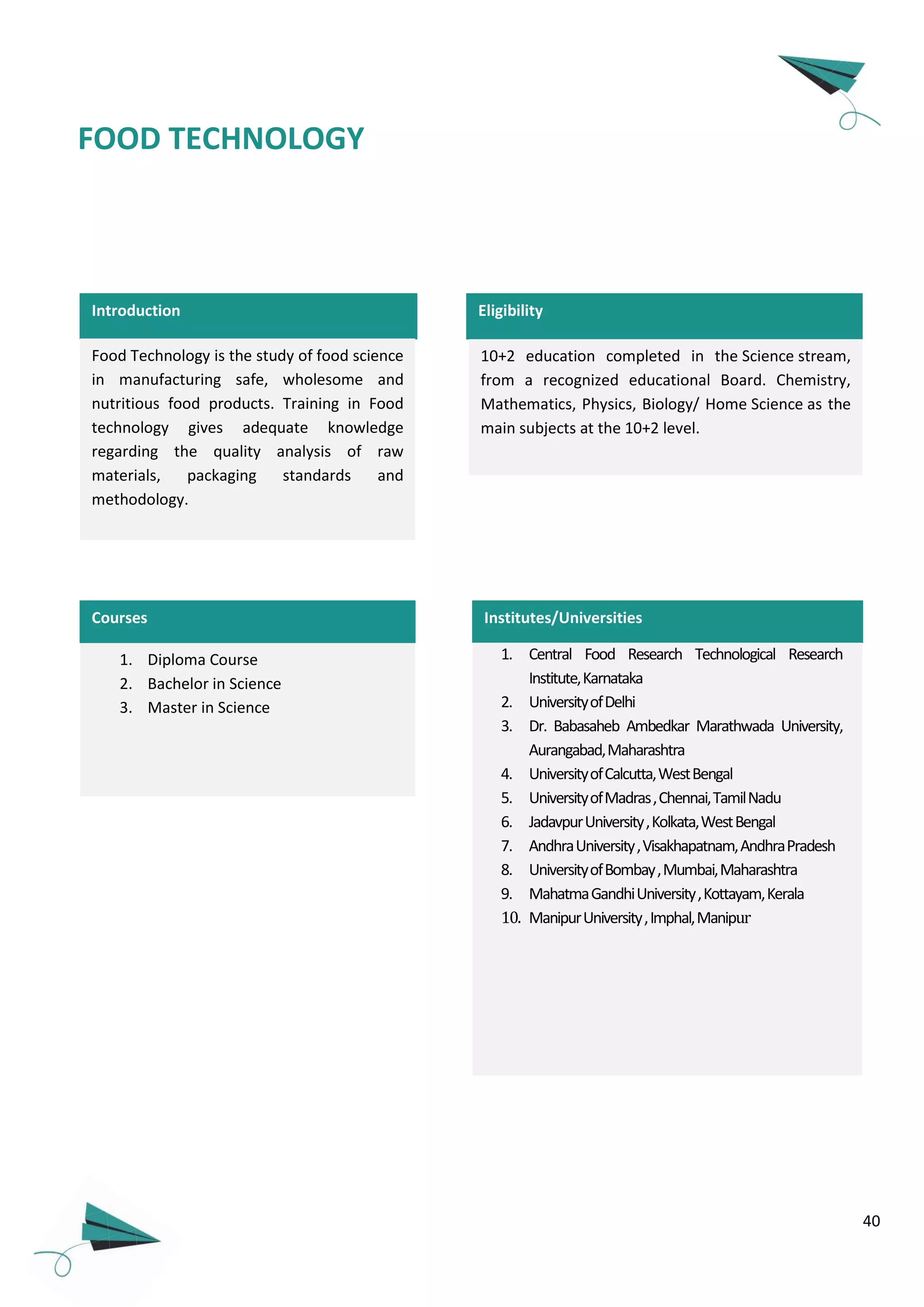 40
Introduction
Food Technology is the study of food science
in manufacturing safe, wholesome and
nutritious food products. Training in Food
technology gives adequate knowledge
regarding the quality analysis of raw
materials, packaging standards and
methodology.
1. Diploma Course
2. Bachelor in Science
3. Master in Science
Courses
10+2 with science subjects.
Eligibility
Institutes/Universities
1. Central Food Research Technological Research
Institute,Karnataka
2. UniversityofDelhi
3. Dr. Babasaheb Ambedkar Marathwada University,
Aurangabad,Maharashtra
4. UniversityofCalcutta,WestBengal
5. UniversityofMadras,Chennai,TamilNadu
6. JadavpurUniversity,Kolkata,WestBengal
7. AndhraUniversity,Visakhapatnam,AndhraPradesh
8. UniversityofBombay,Mumbai,Maharashtra
9. MahatmaGandhiUniversity,Kottayam,Kerala
10. ManipurUniversity,Imphal,Manipur
FOOD TECHNOLOGY
10+2 education completed in the Science stream,
from a recognized educational Board. Chemistry,
Mathematics, Physics, Biology/ Home Science as the
main subjects at the 10+2 level.
 