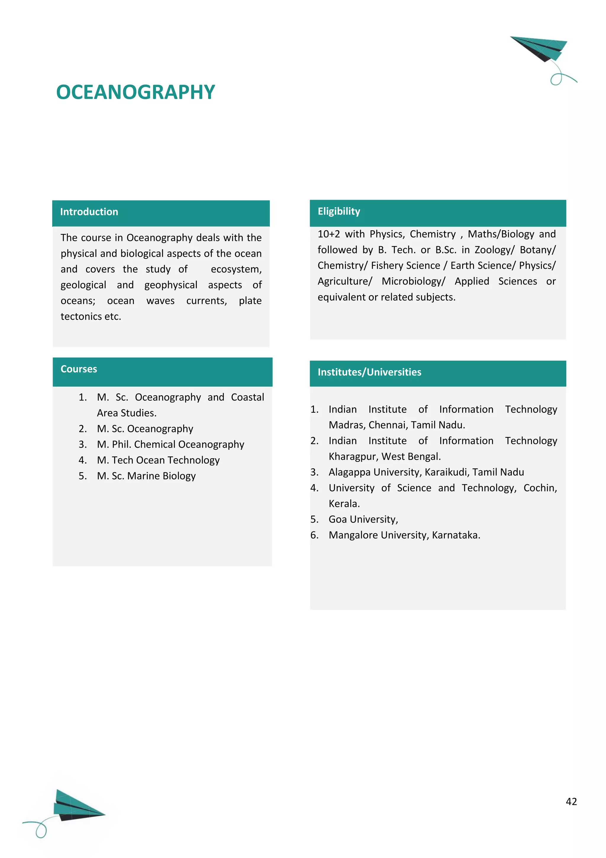42
Introduction
The course in Oceanography deals with the
physical and biological aspects of the ocean
and covers the study of ecosystem,
geological and geophysical aspects of
oceans; ocean waves currents, plate
tectonics etc.
1. M. Sc. Oceanography and Coastal
Area Studies.
2. M. Sc. Oceanography
3. M. Phil. Chemical Oceanography
4. M. Tech Ocean Technology
5. M. Sc. Marine Biology
Courses
1. Indian Institute of Information Technology
Madras, Chennai, Tamil Nadu.
2. Indian Institute of Information Technology
Kharagpur, West Bengal.
3. Alagappa University, Karaikudi, Tamil Nadu
4. University of Science and Technology, Cochin,
Kerala.
5. Goa University,
6. Mangalore University, Karnataka.
Institutes/Universities
10+2 with Physics, Chemistry , Maths/Biology and
followed by B. Tech. or B.Sc. in Zoology/ Botany/
Chemistry/ Fishery Science / Earth Science/ Physics/
Agriculture/ Microbiology/ Applied Sciences or
equivalent or related subjects.
OCEANOGRAPHY
Eligibility
 